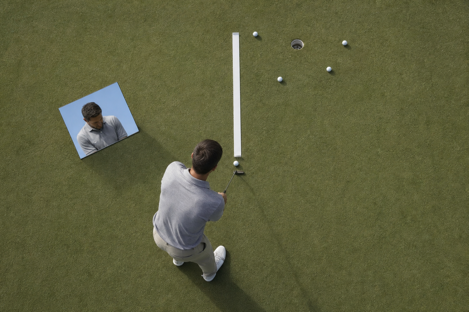 Overhead illustration contrasting a golfer checking address alignment with a golfer observing where short putts finish.
