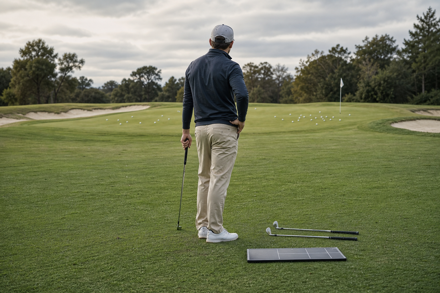 Golfer comparing two visible approach-shot patterns before choosing between two unbranded iron designs.