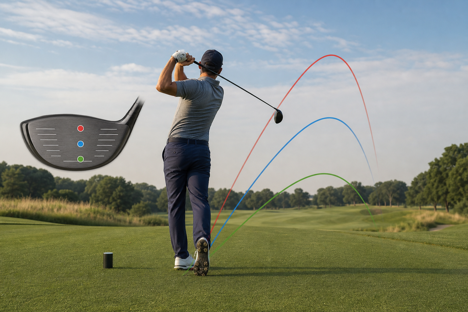 Educational illustration showing three driver trajectories and three vertical strike locations on a clubface.