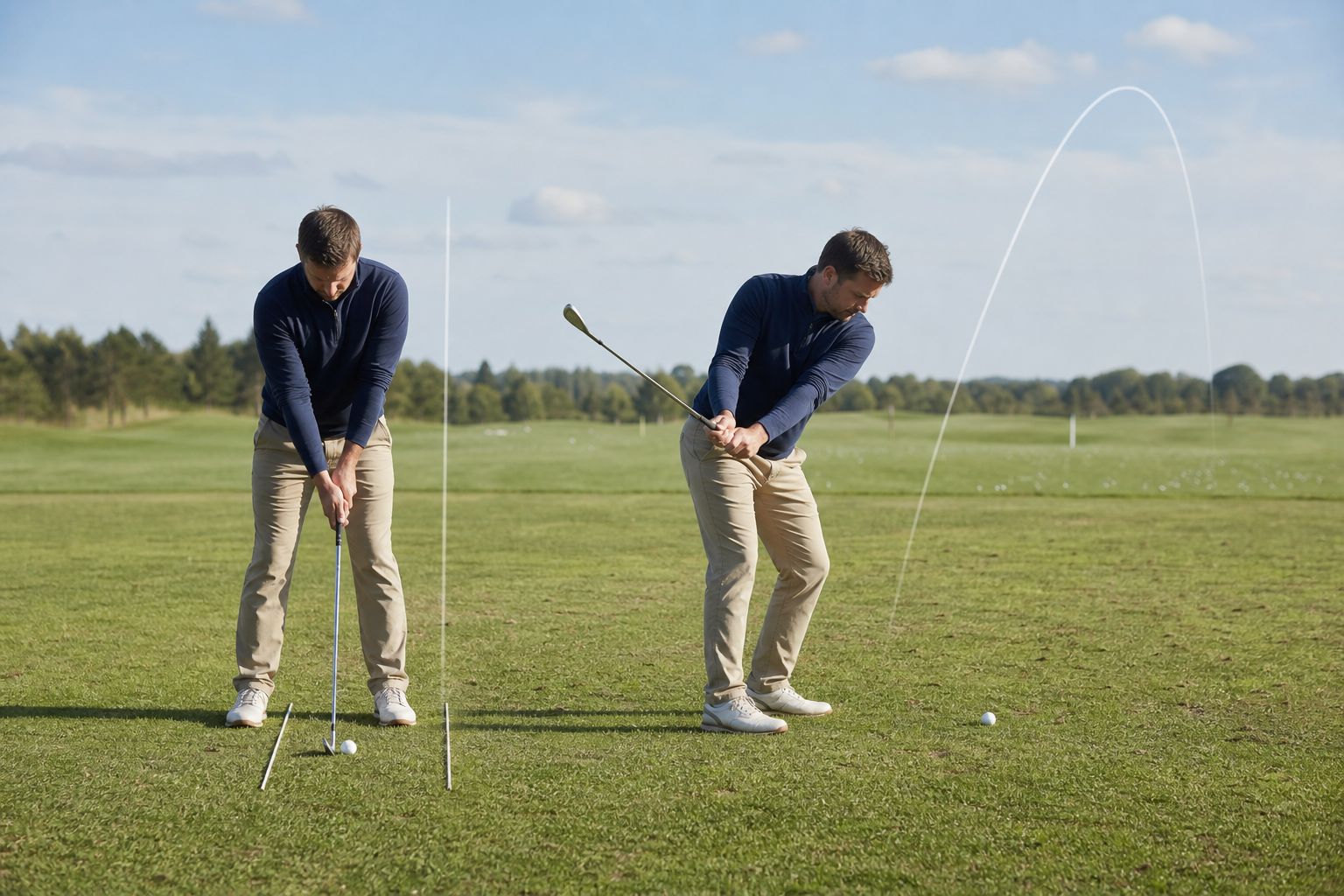 A golfer compares a ground-line alignment setup with a controlled tempo rehearsal at a practice range.
