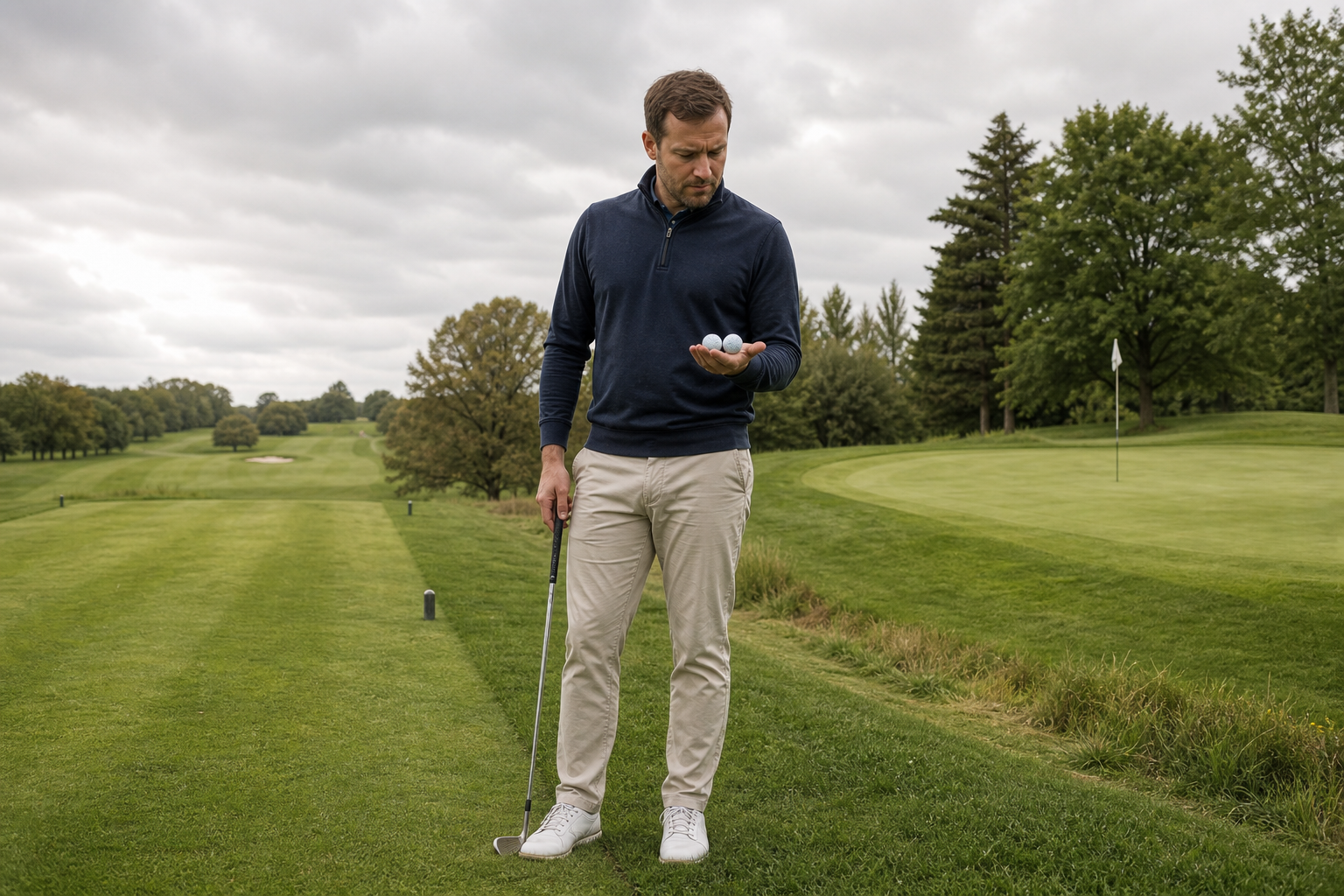 Golfer choosing between two unmarked balls while considering tee-shot and short-game results.
