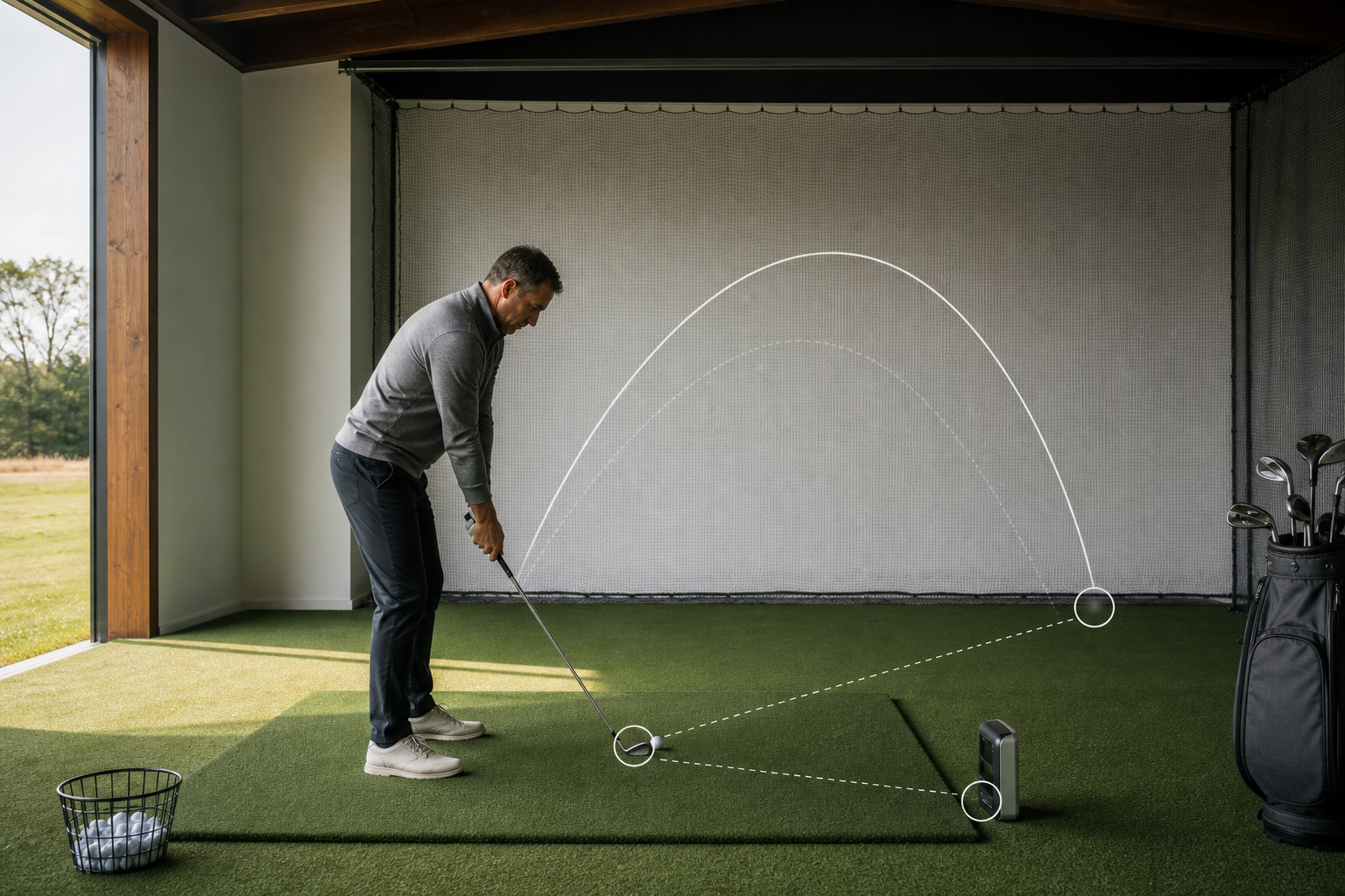 Illustration of a golfer practicing into a net with two contrasting ball-flight arcs and a compact launch monitor.