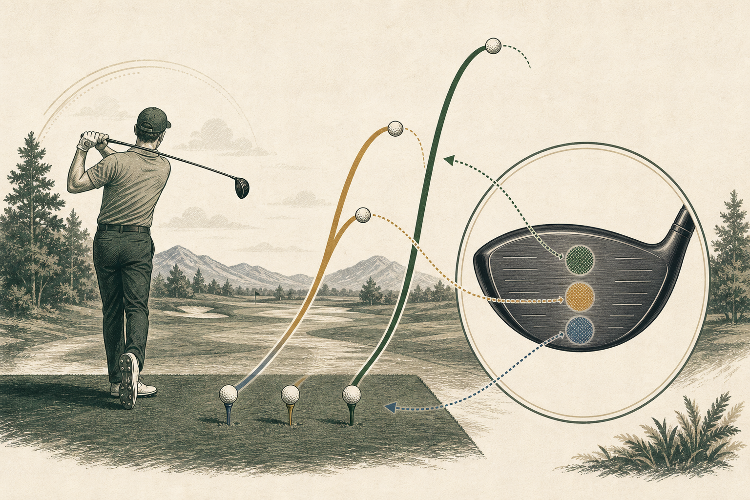 A wordless illustration connecting three driver-face strike locations with low, medium, and high tee-shot trajectories.