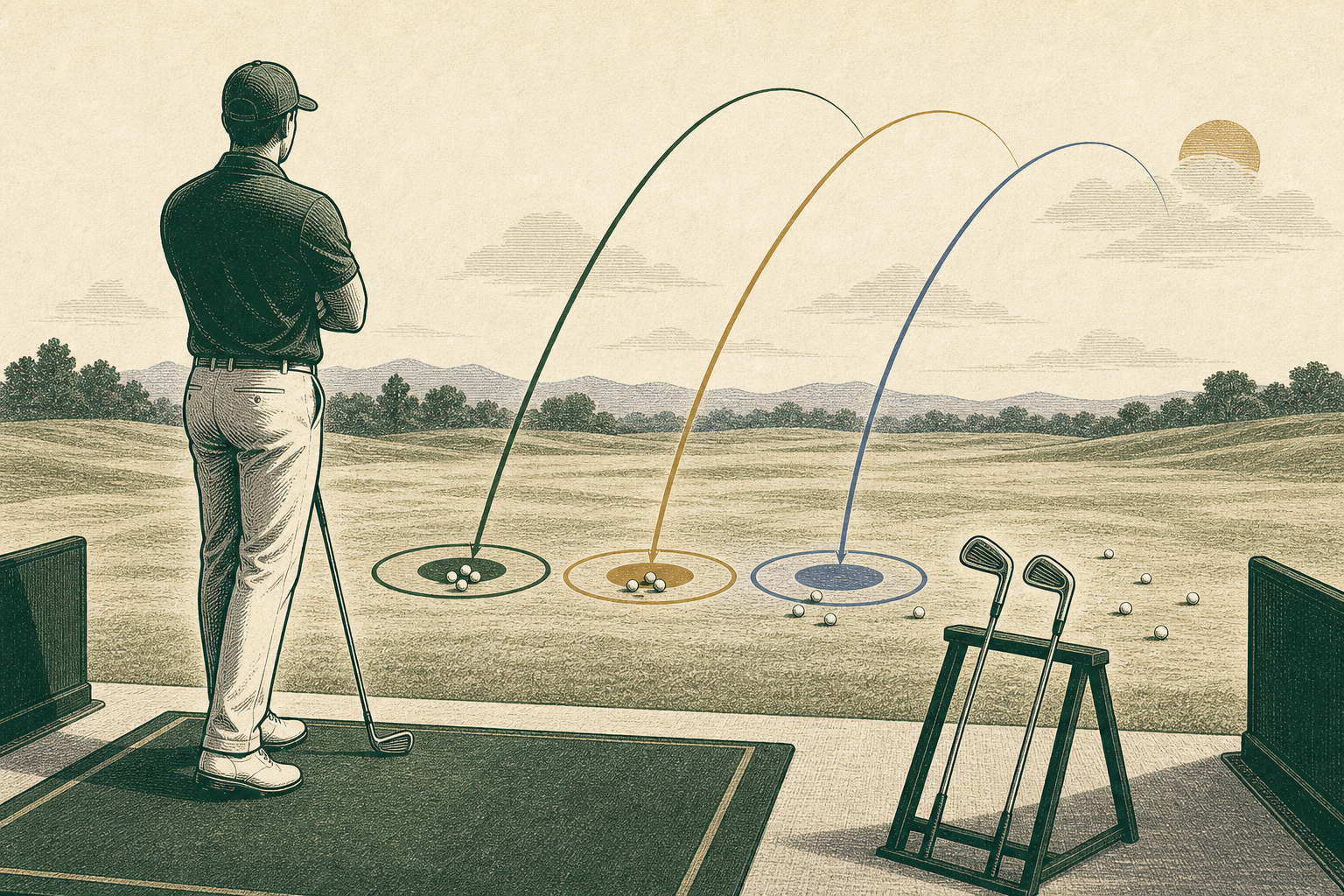 A golfer compares two unbranded irons by watching ball-flight and landing patterns at a practice range.
