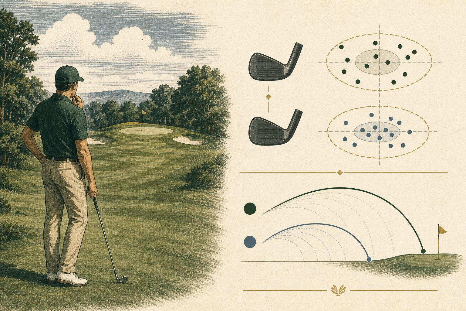 A golfer comparing shot patterns and carry spacing beside two generic iron constructions on a fairway.