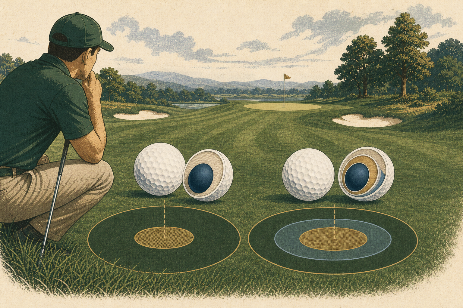 A golfer compares two plain golf balls and simple two-layer and three-layer cutaway diagrams beside a green.