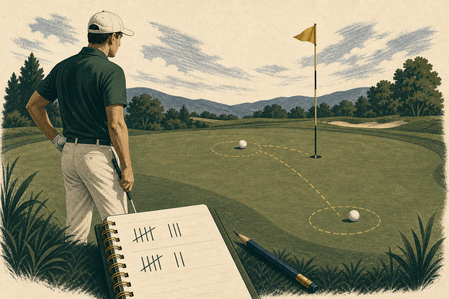 Golfer comparing the finish of two unbranded golf balls during a short-game practice session.