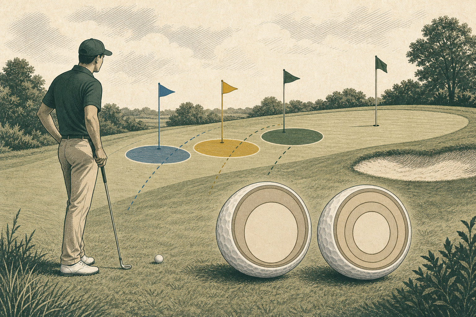 A golfer compares landing results near a green beside simple two-layer and three-layer ball diagrams.