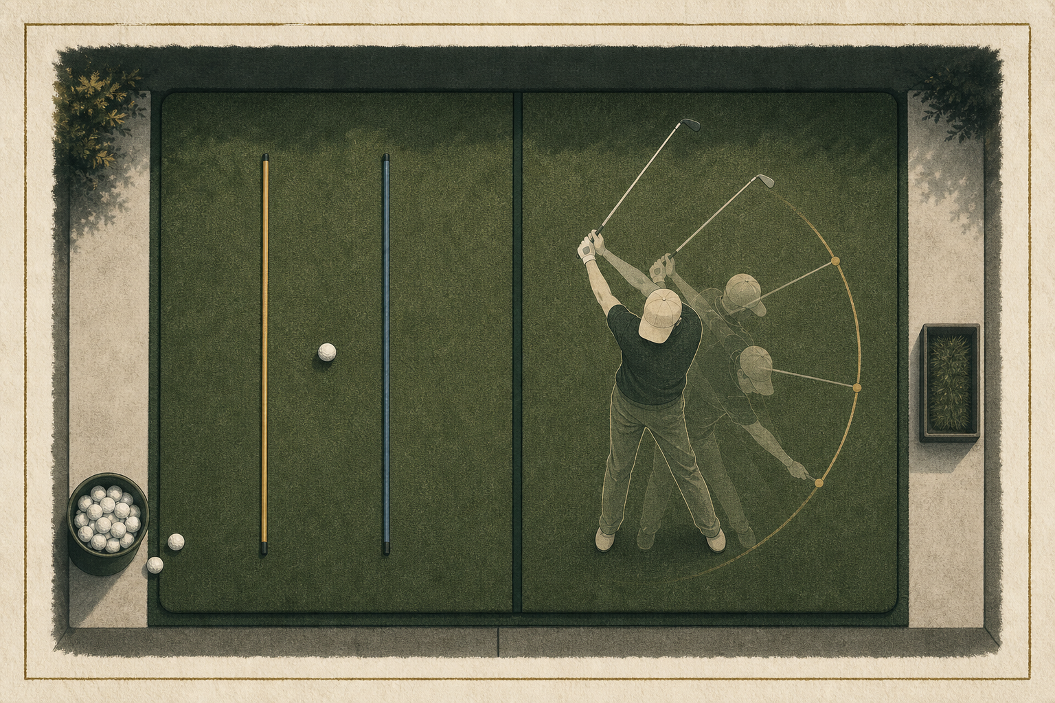Overhead illustration contrasting ground-reference practice with a smooth, evenly paced practice swing.