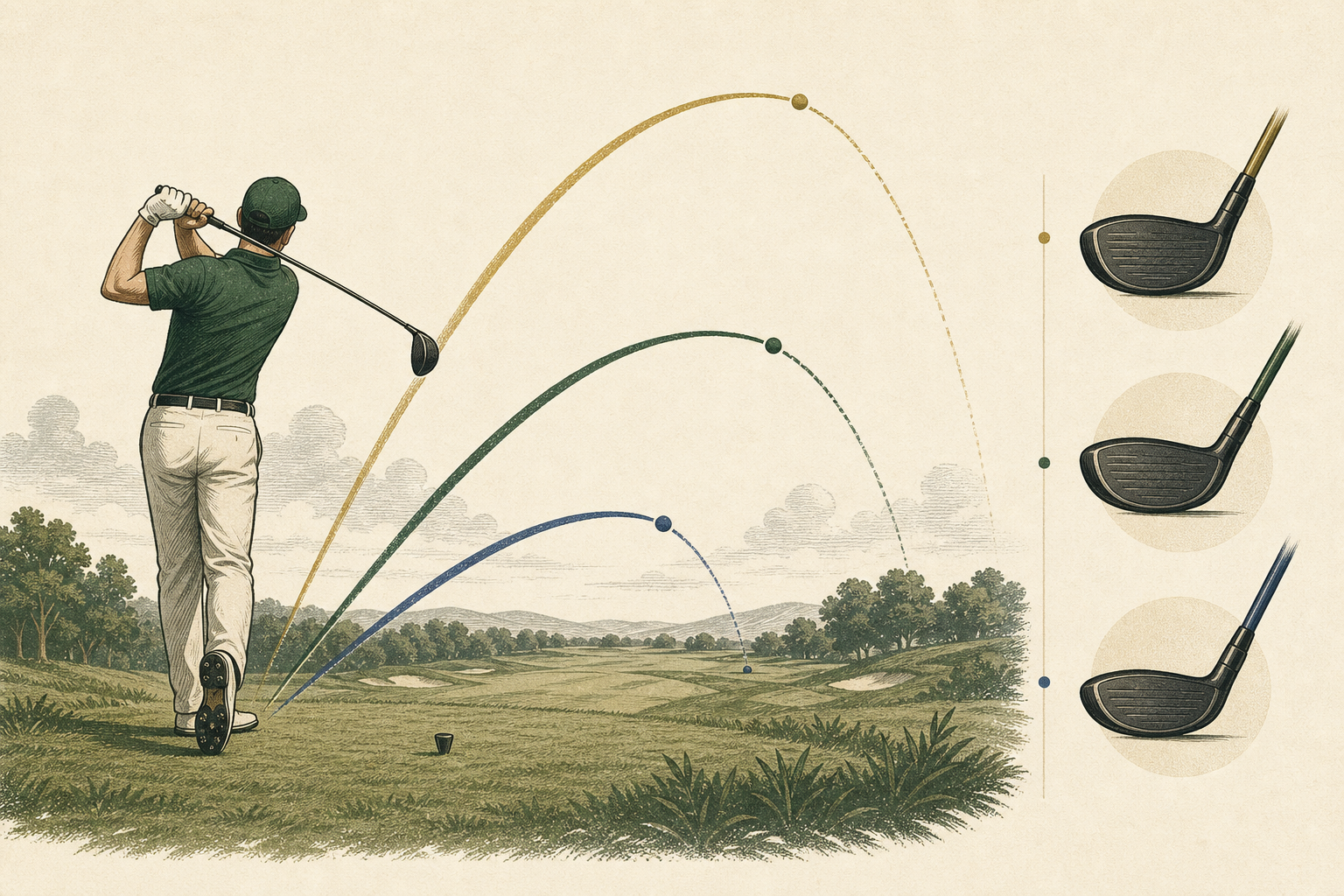 Illustration showing three different driver ball-flight trajectories and corresponding clubhead angles.