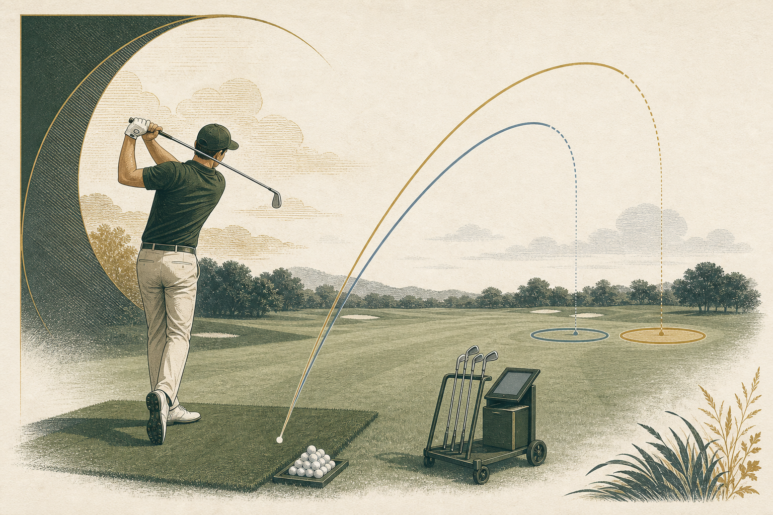 Golfer comparing two iron shots toward targets on a practice range.