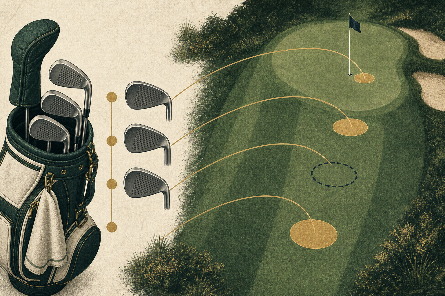 An unbranded set of wedges beside a practice green with ball flights showing one uncovered approach distance.