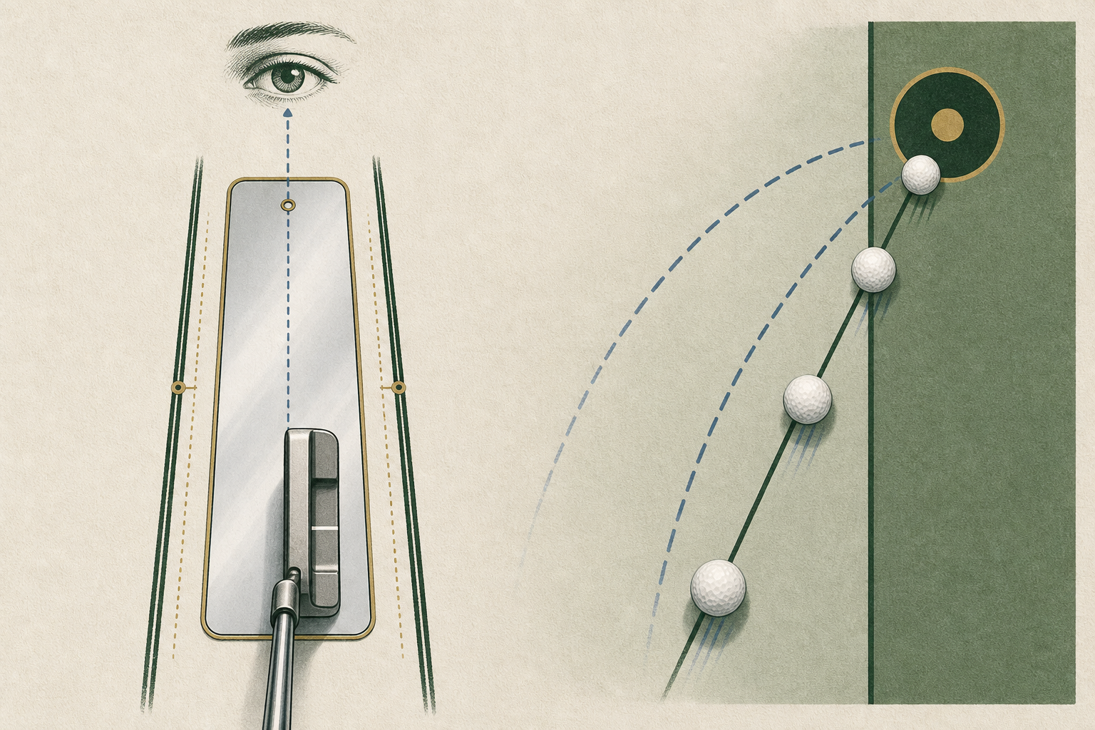 Illustration comparing a reflective setup aid with a home putting surface and target.
