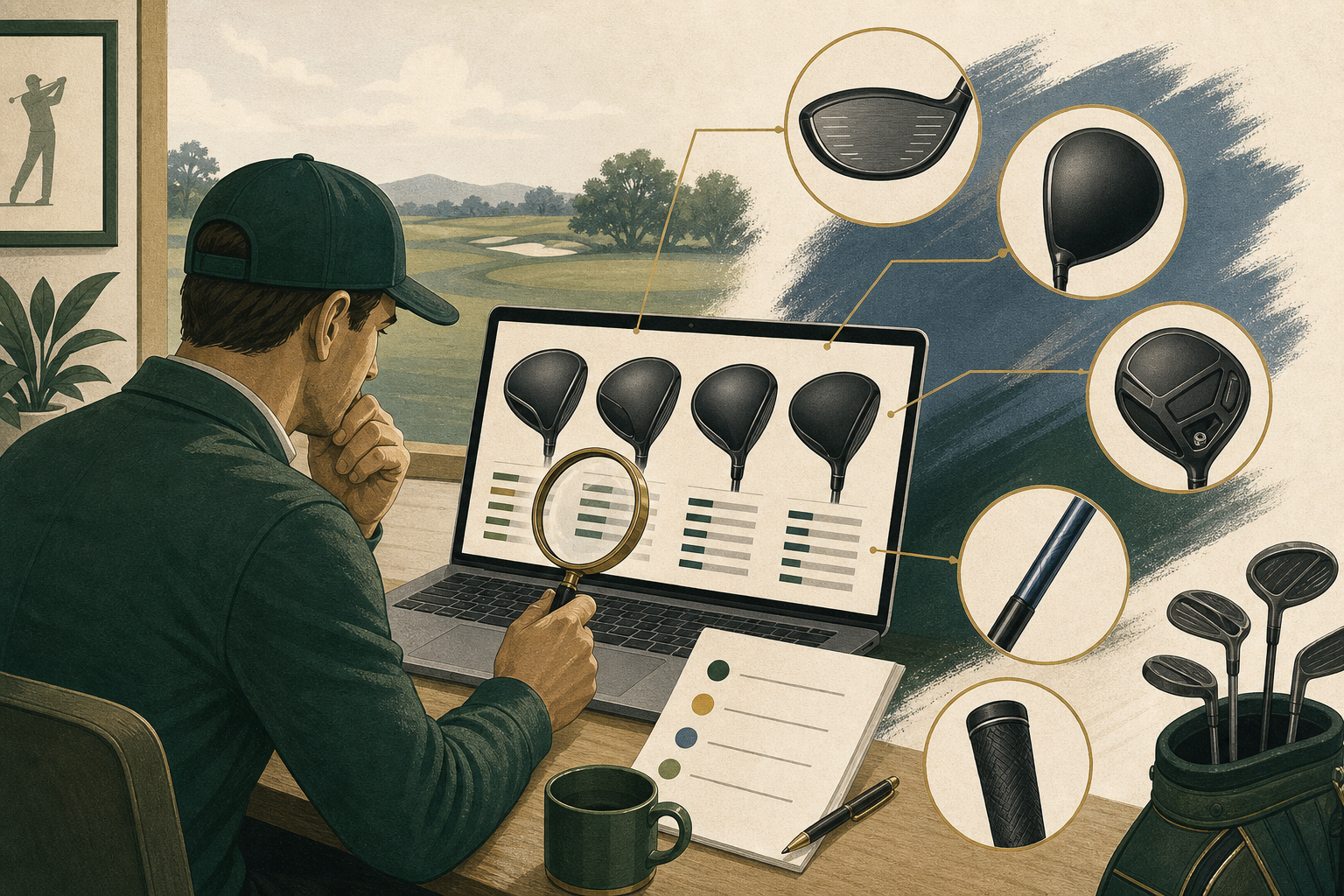 A golfer compares generic used-driver listing details with close-up inspection points.