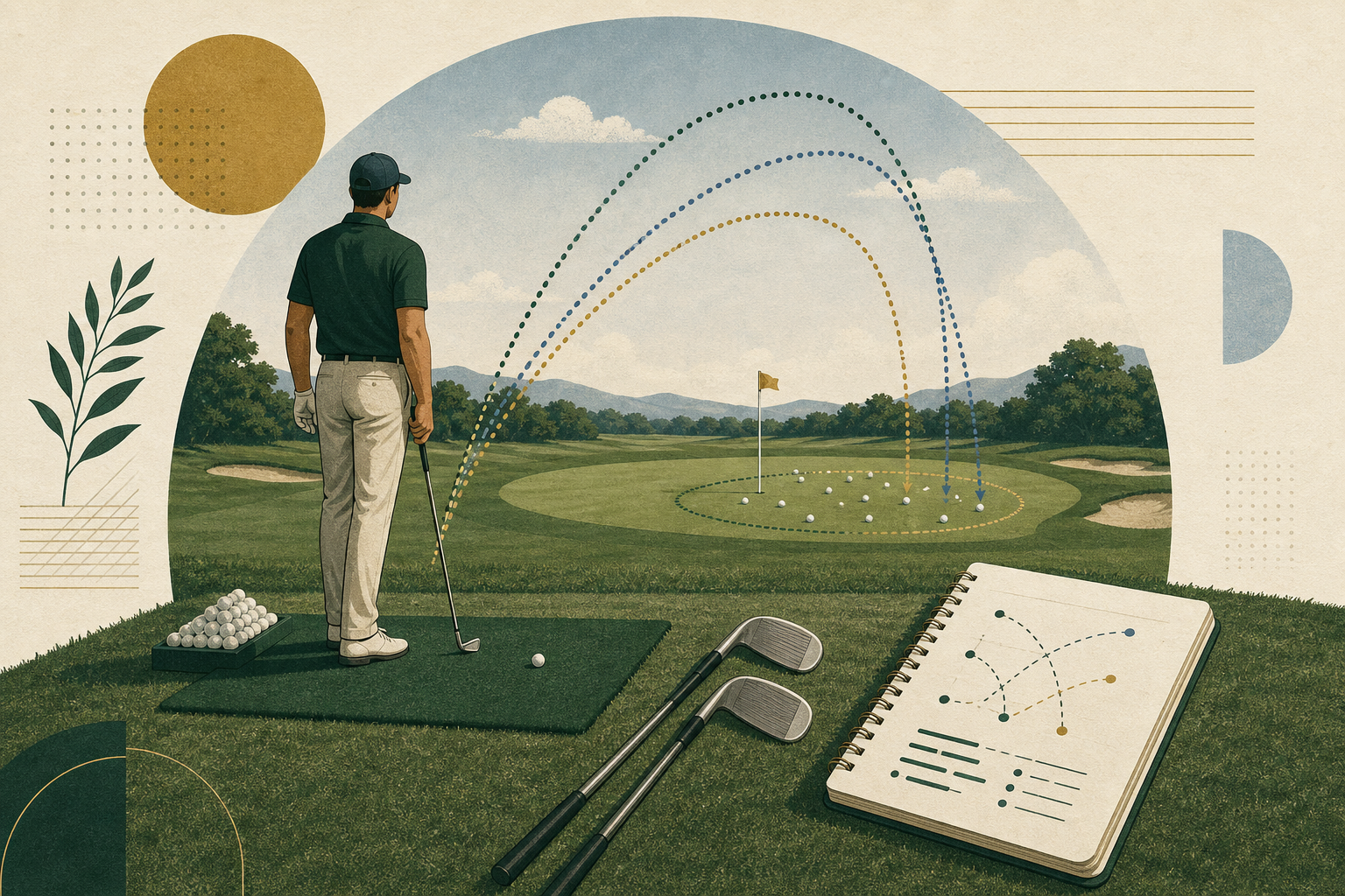 A golfer compares two unbranded irons by observing groups of shots landing around a practice green.