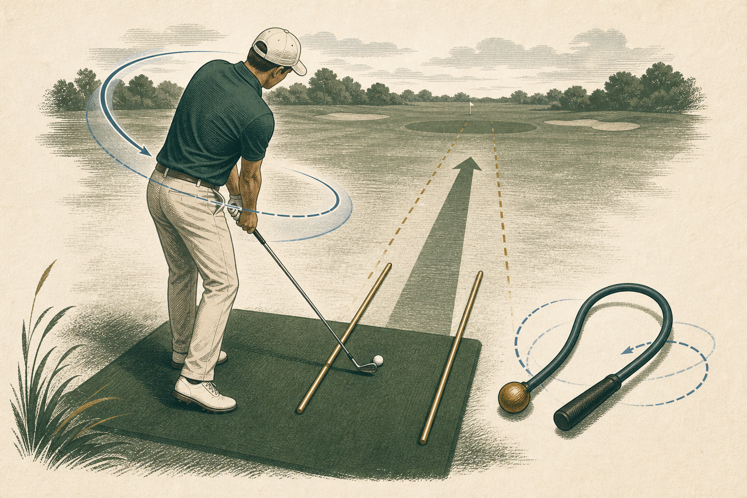 A golfer practicing beside plain rods laid on the ground, with a separate abstract rhythm-training aid nearby.