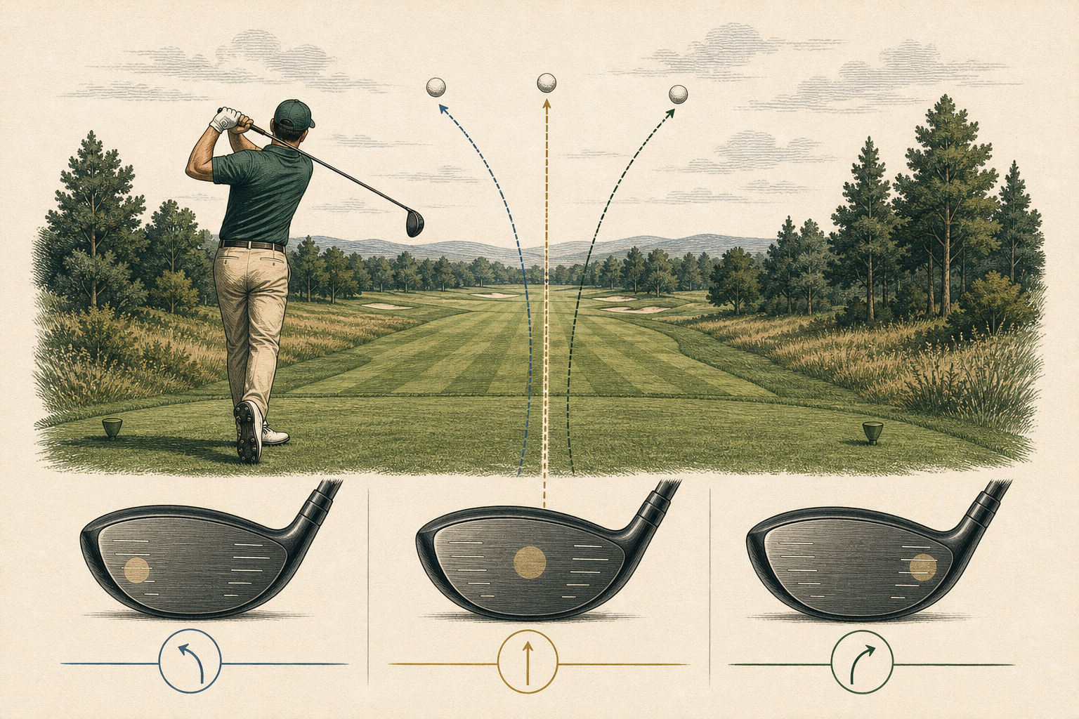 Editorial illustration showing different driver impact locations and resulting tee-shot corridors.