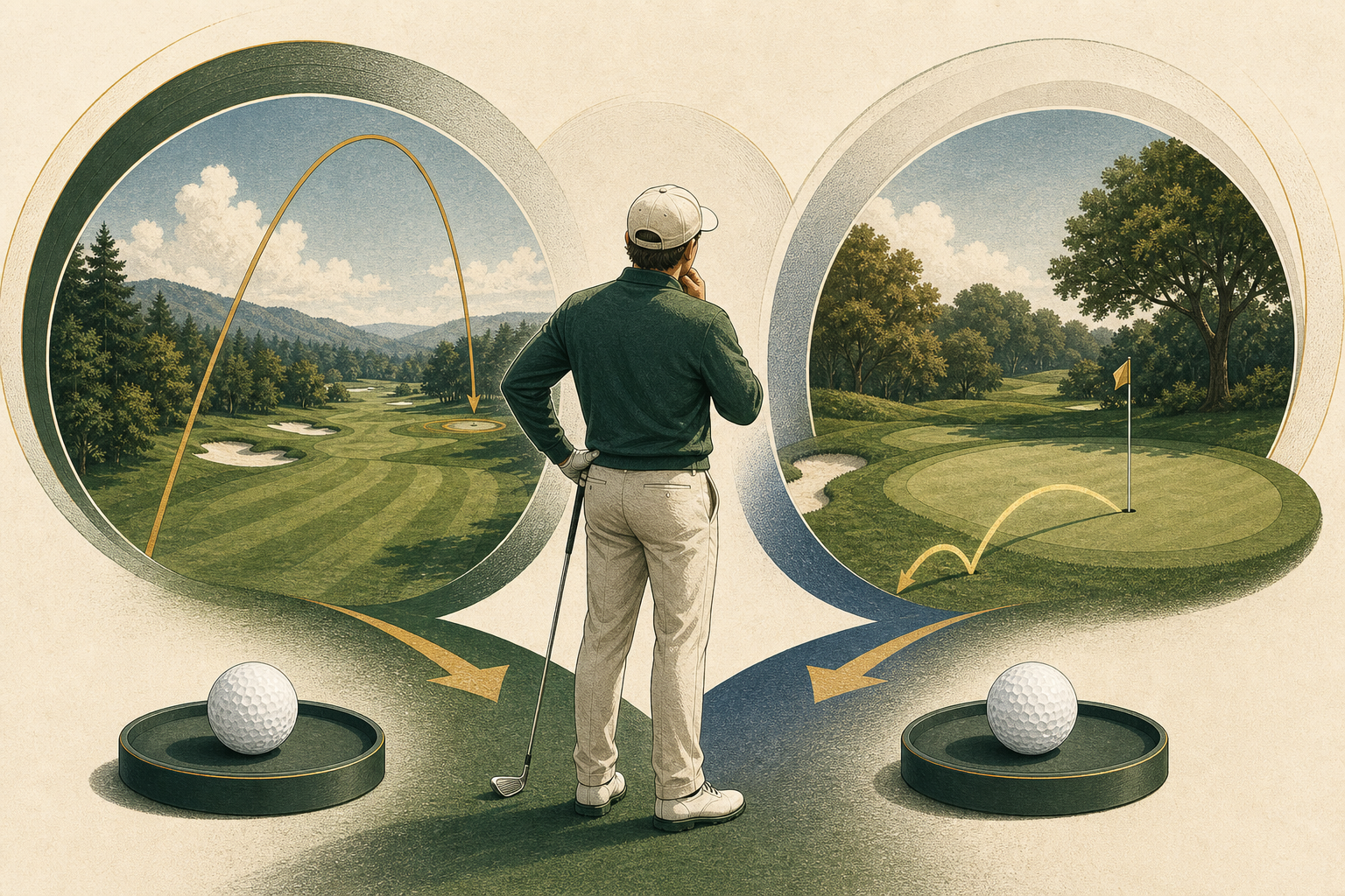A golfer compares two unbranded golf balls between a tee-shot target and a greenside target.