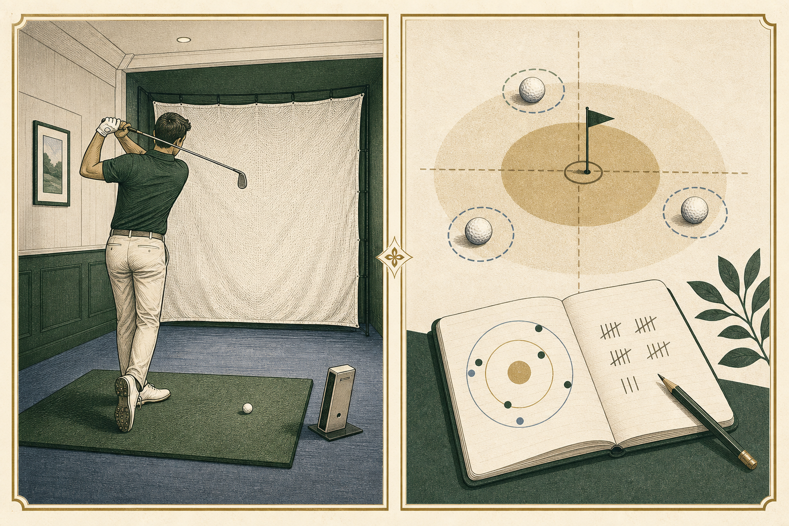 Golfer practicing into a net with an unbranded monitor and a notebook tracking a shot pattern.