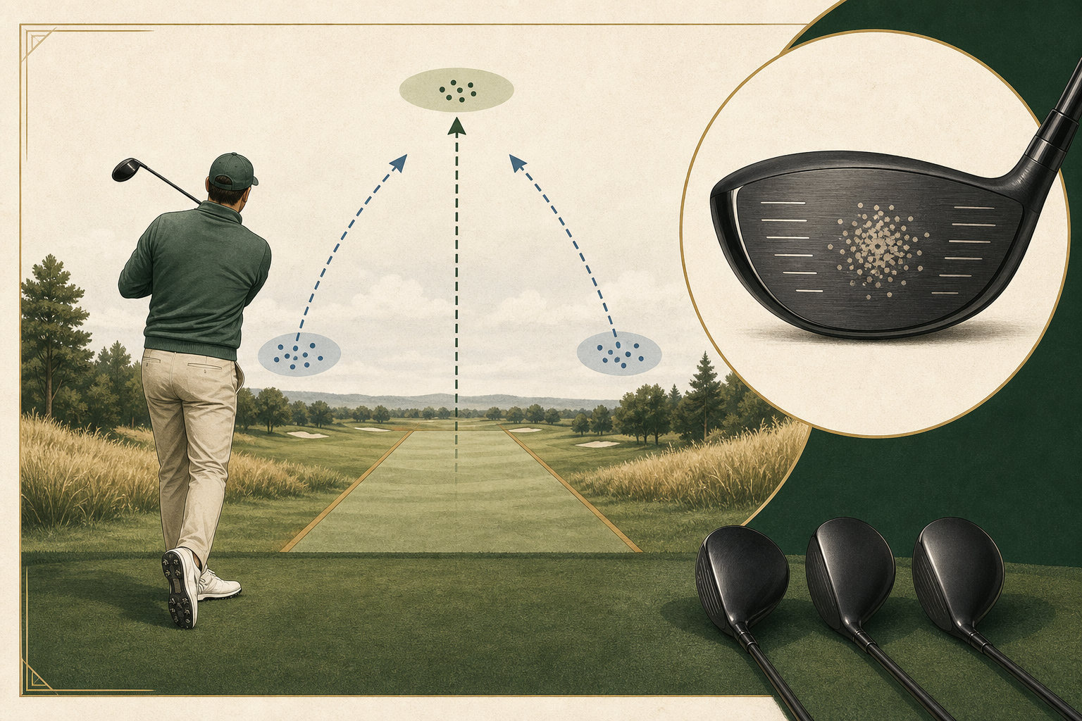 A golfer compares tee-shot landing patterns and face-strike clusters with several unbranded drivers.