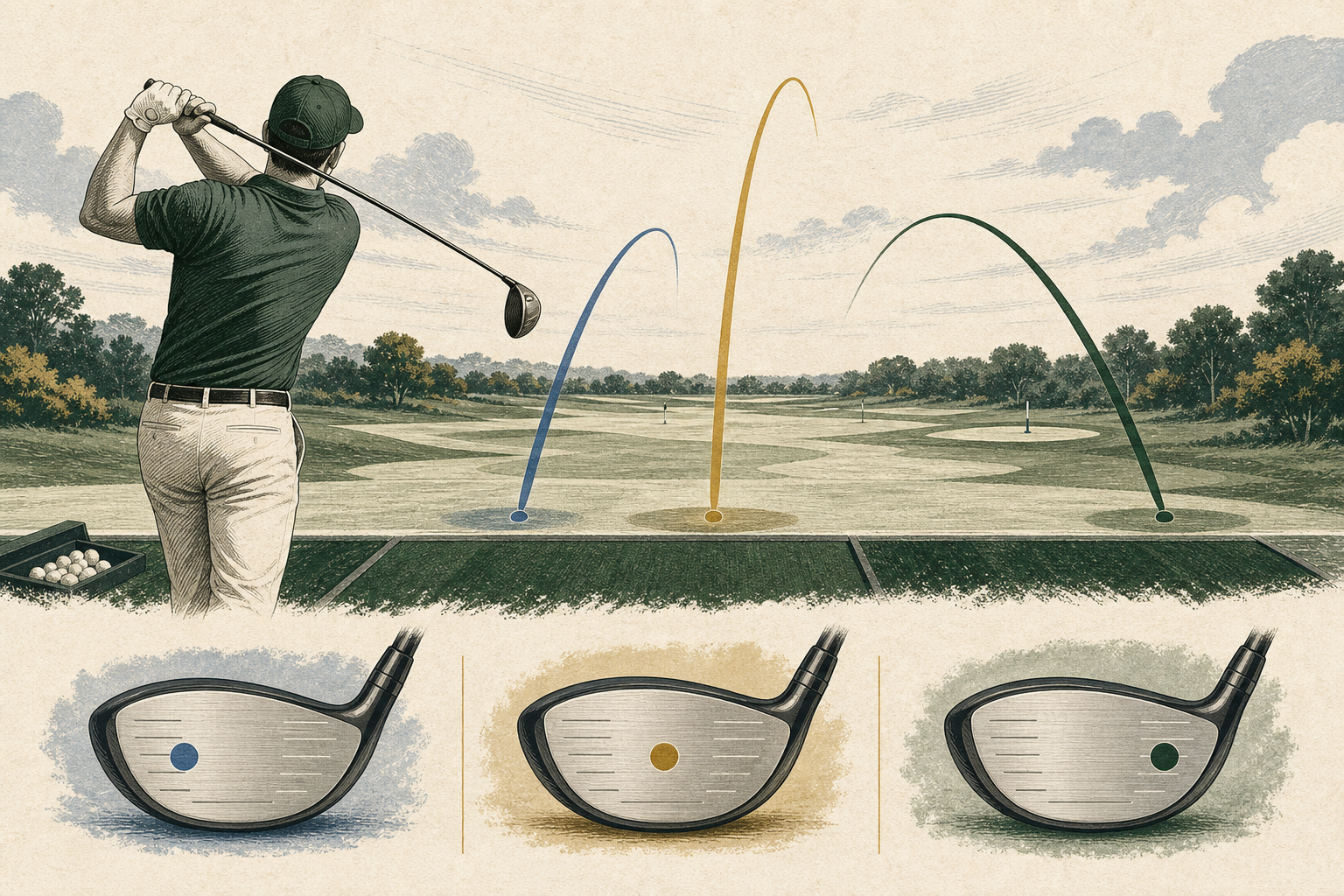 Illustration showing different driver-face strike locations and three contrasting ball-flight arcs on a practice range.