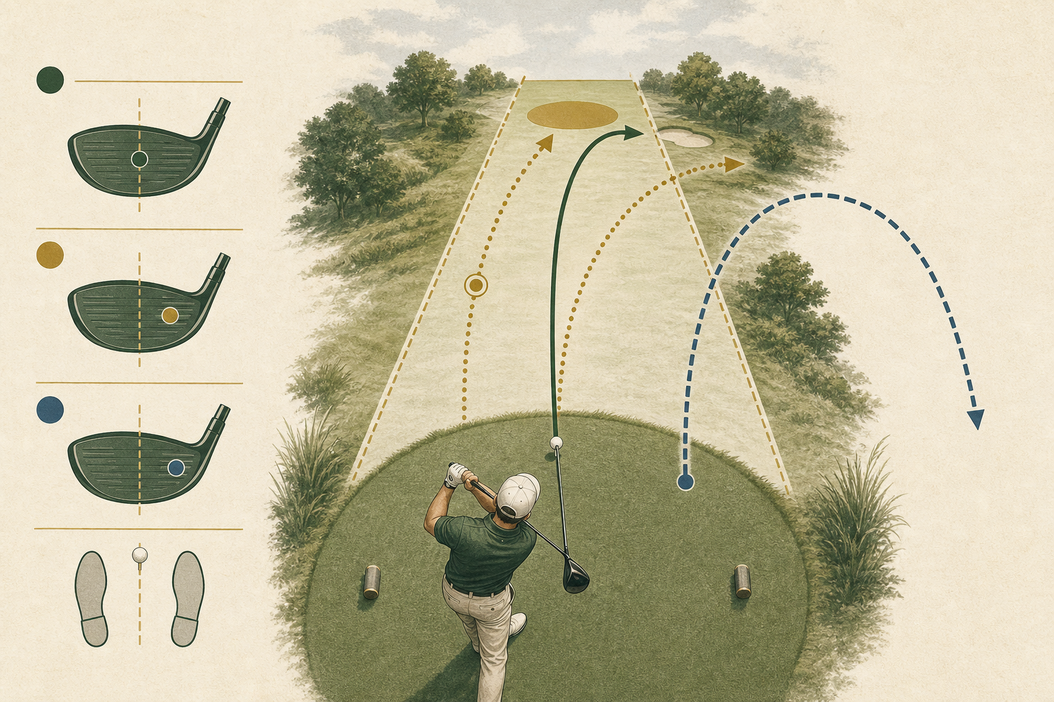 Illustration distinguishing three different ways a right-handed golfer's drive can finish right.