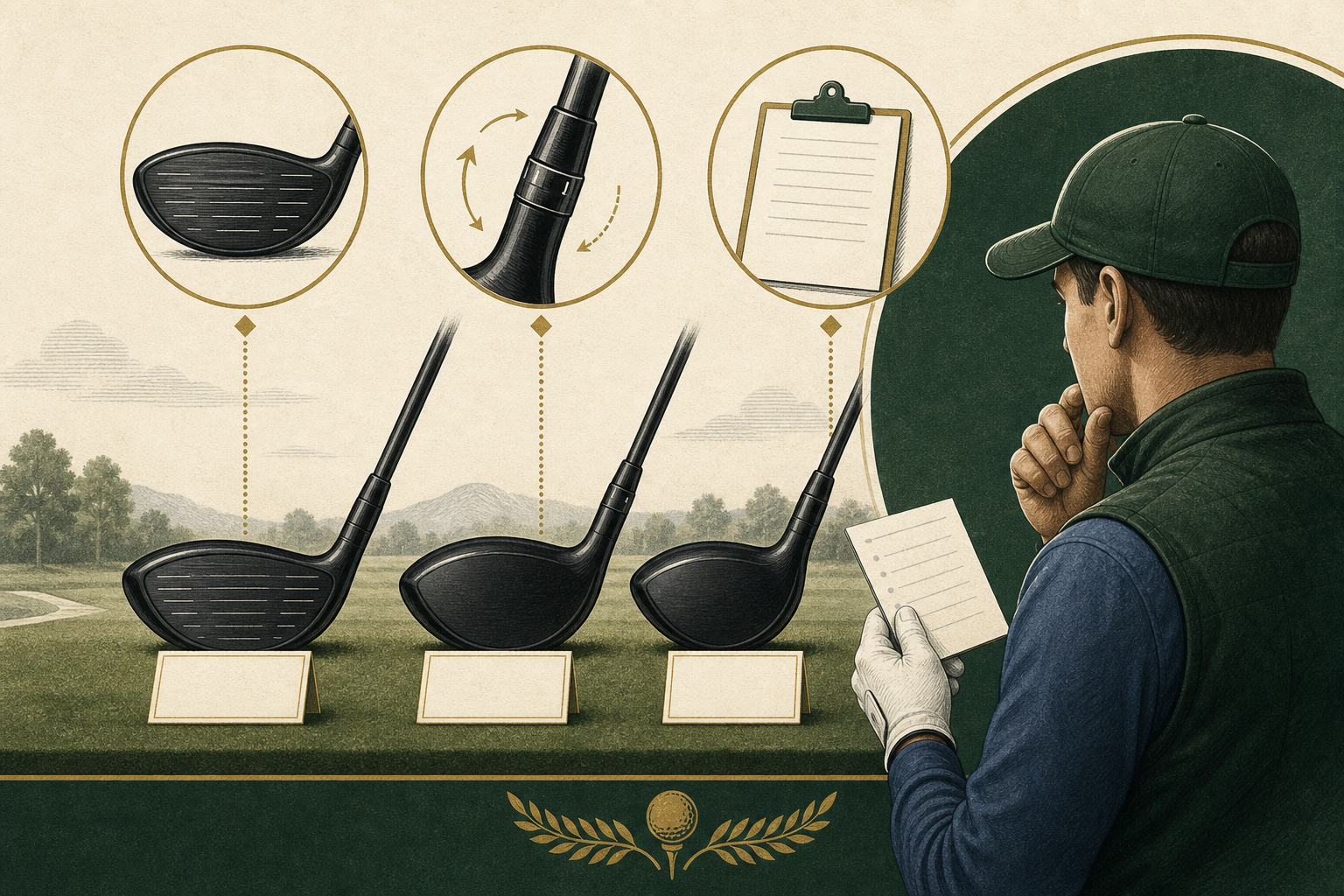 An unbranded editorial illustration of a golfer comparing three driver-budget choices at a practice tee.