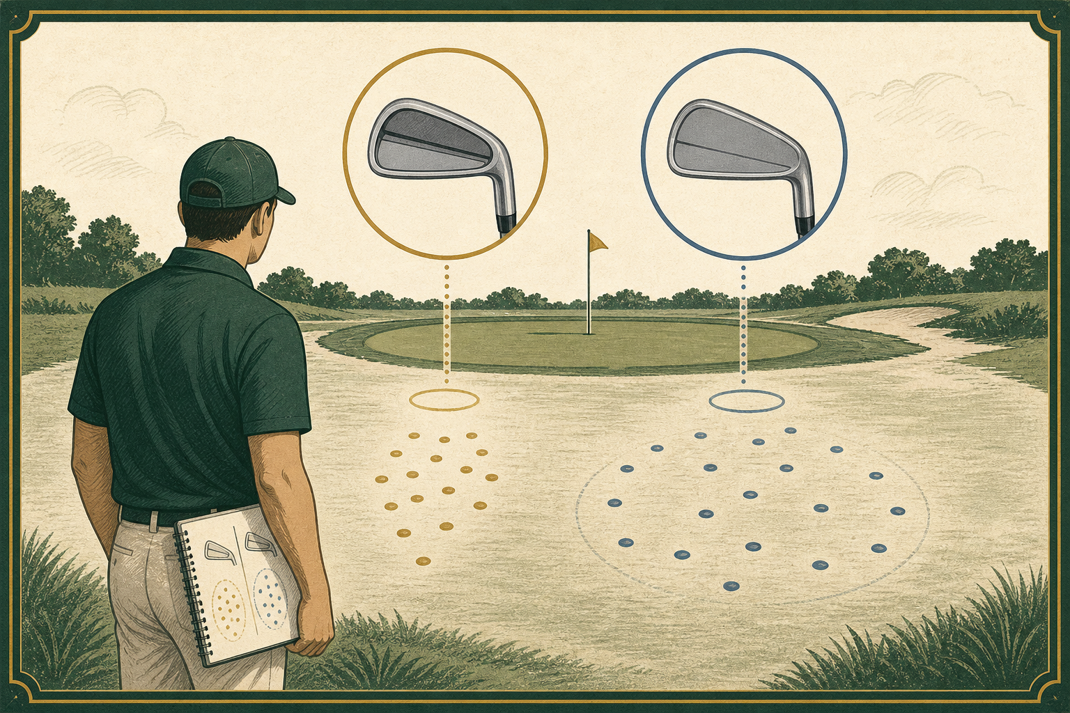 A golfer compares two unbranded irons by observing approach-shot landing patterns near a green.