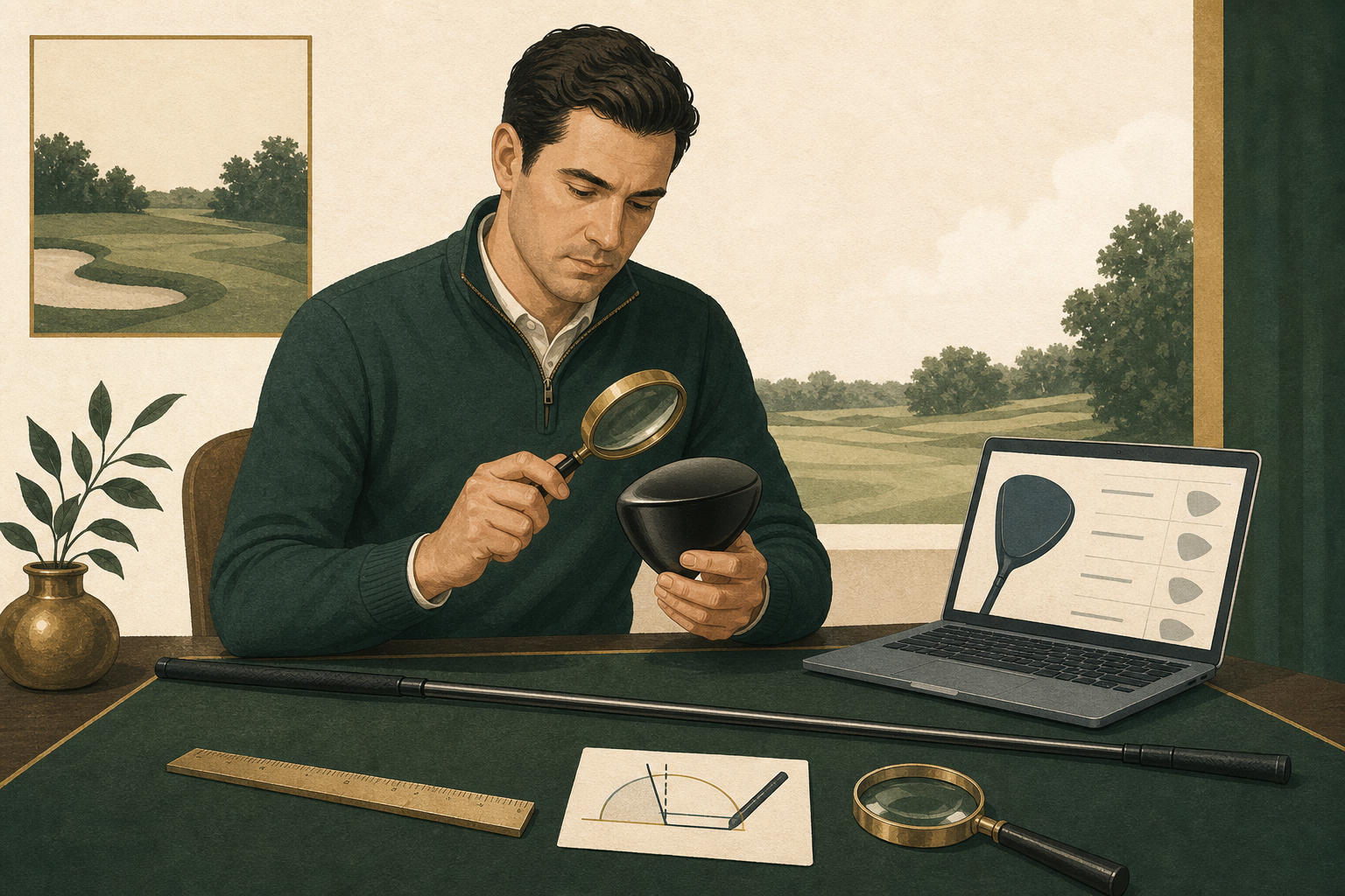 A golfer compares an unbranded used driver with a detailed online listing at a table.