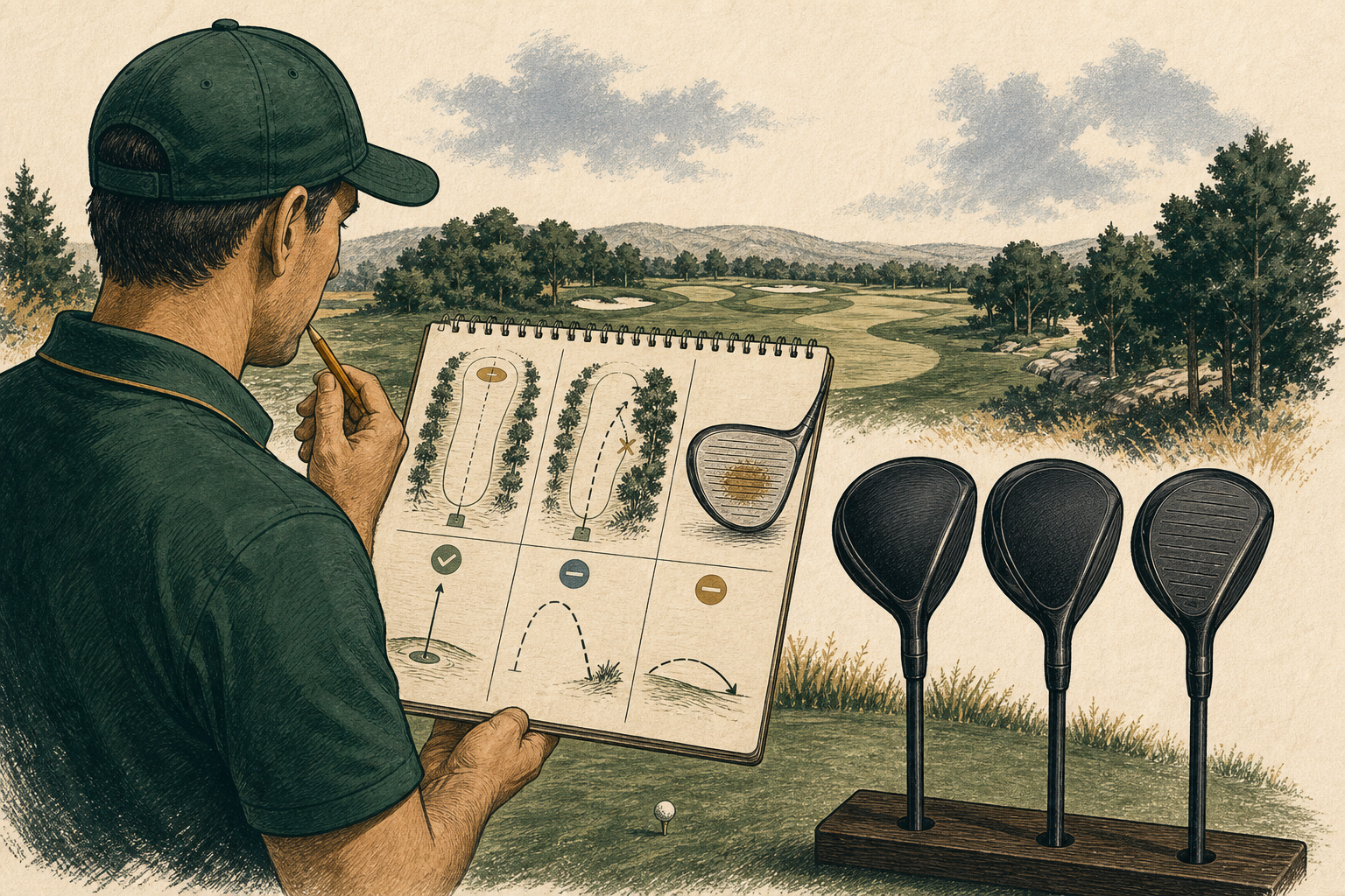 A golfer compares three unbranded driver options beside a tee box and a fairway.