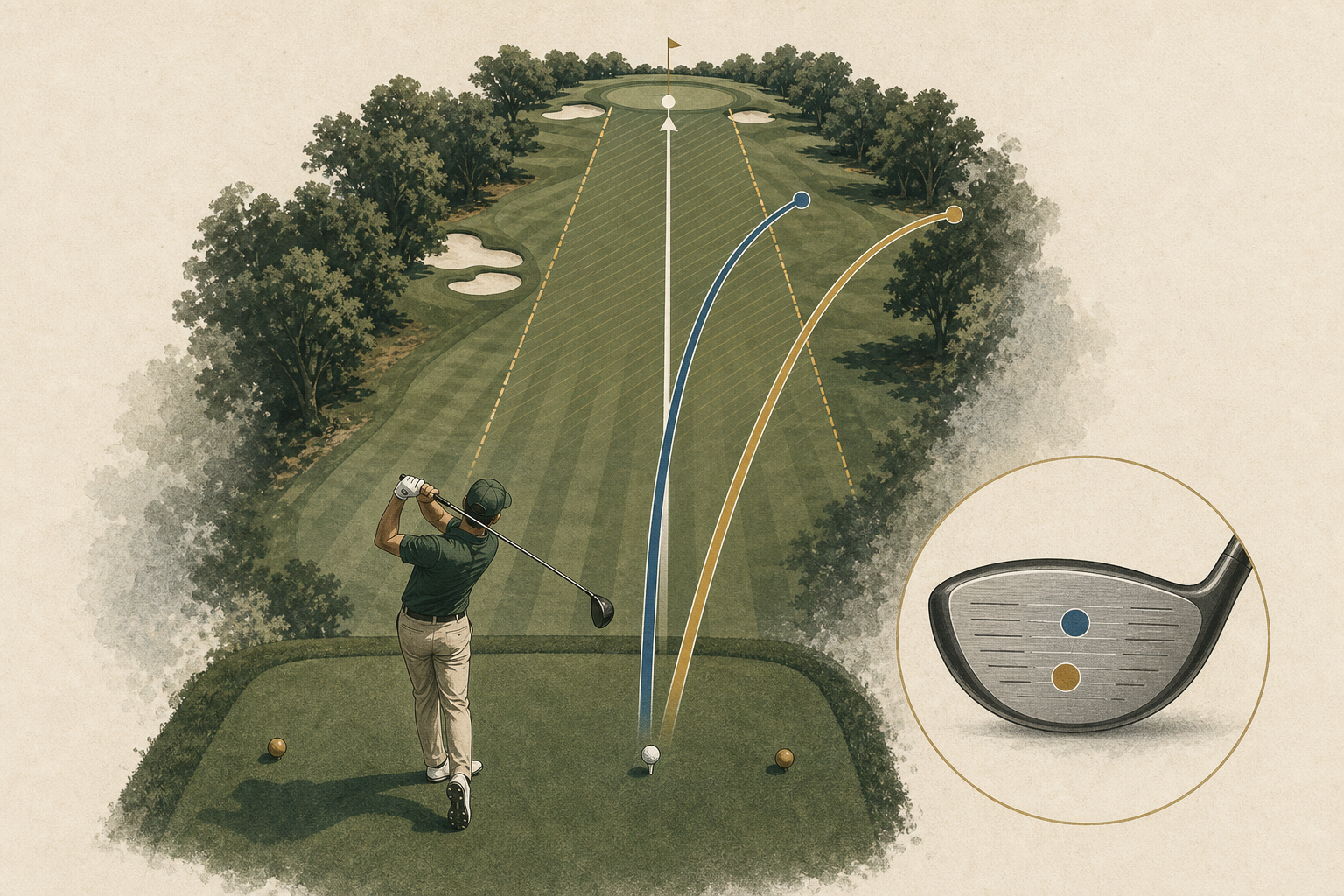 Top-down illustration of a golfer comparing different right-miss ball flights and strike locations.