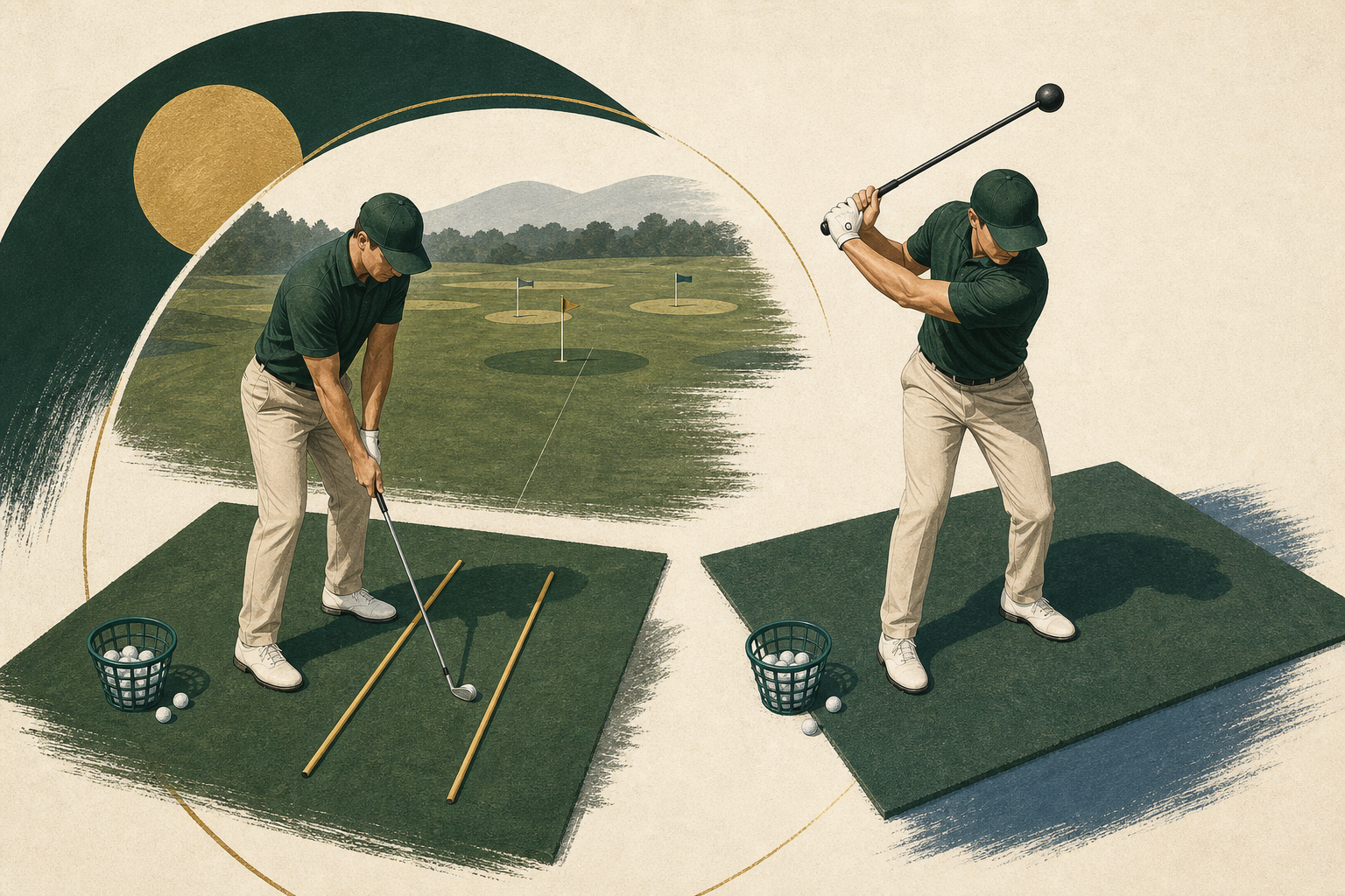 A golfer comparing a turf alignment station with a balanced practice swing using a weighted trainer.