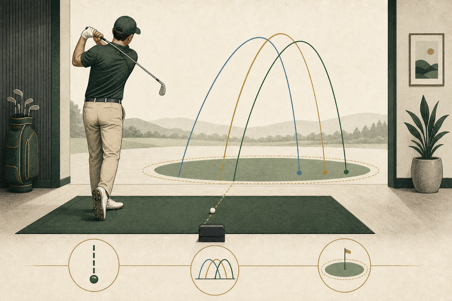 A golfer practices indoors with an unbranded launch monitor, a consistent ball position, and repeated shots toward a target zone.