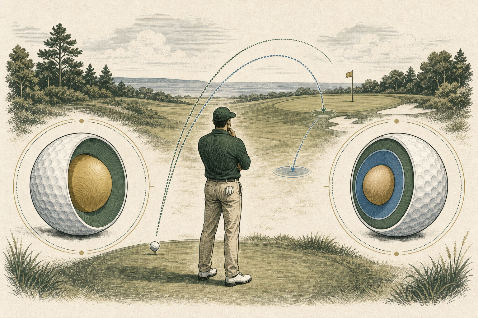 An unbranded golfer compares two simple cutaway ball constructions between a tee shot and a green-side target.