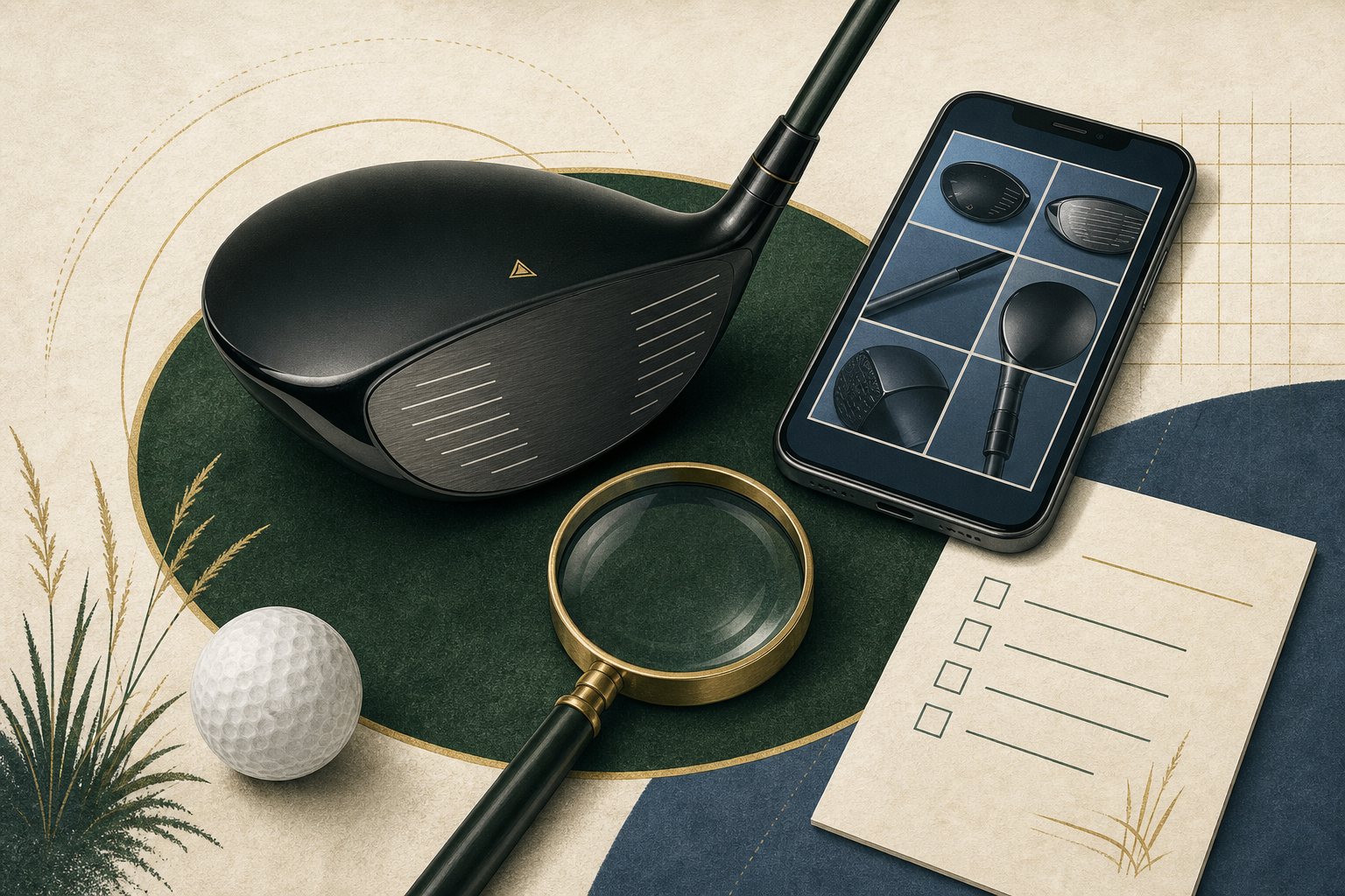 An unbranded golf driver beside a phone, magnifying glass, checklist, and golf ball.