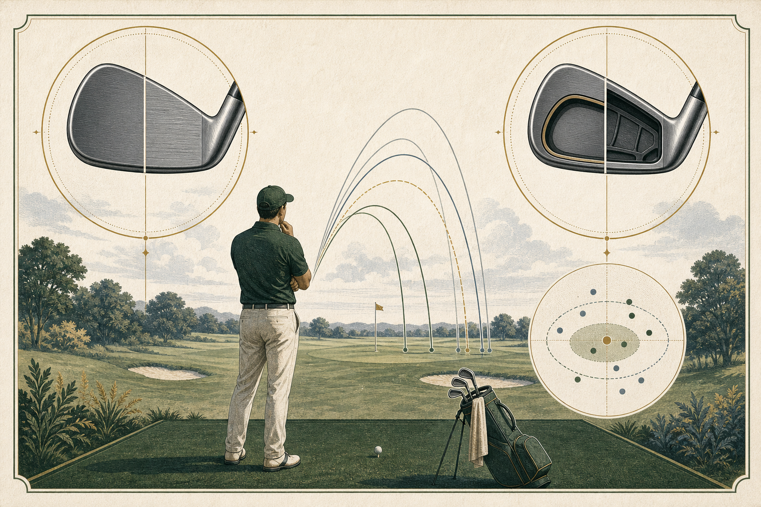 Editorial illustration comparing two unbranded iron construction concepts and their on-course shot patterns.