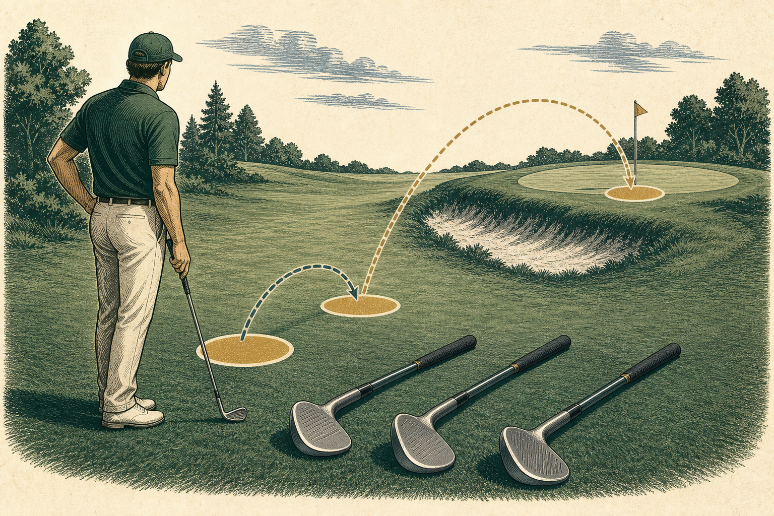 A golfer compares wedge landing distances and notices one large gap between otherwise orderly carries.