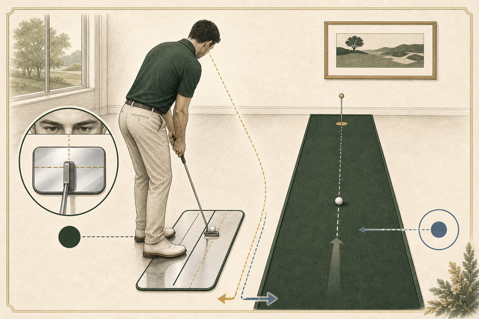 An illustration comparing a golfer checking address position on a reflective surface with a ball rolling along a home practice lane.
