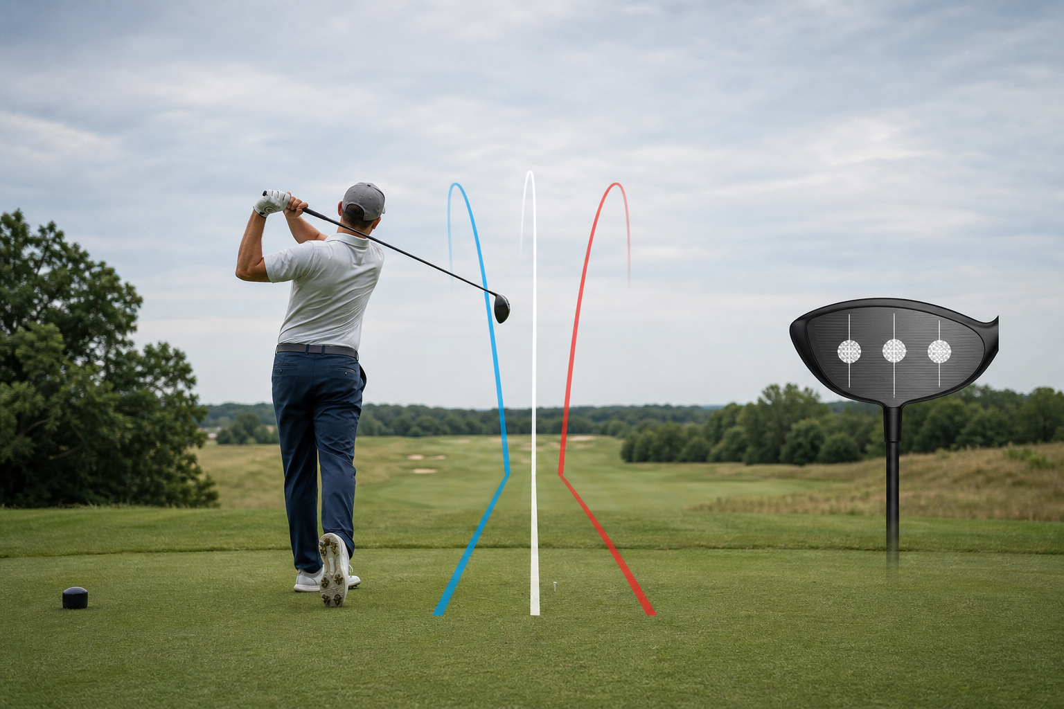 Illustration showing centered, heel-side, and toe-side driver contact alongside different tee-shot outcomes.