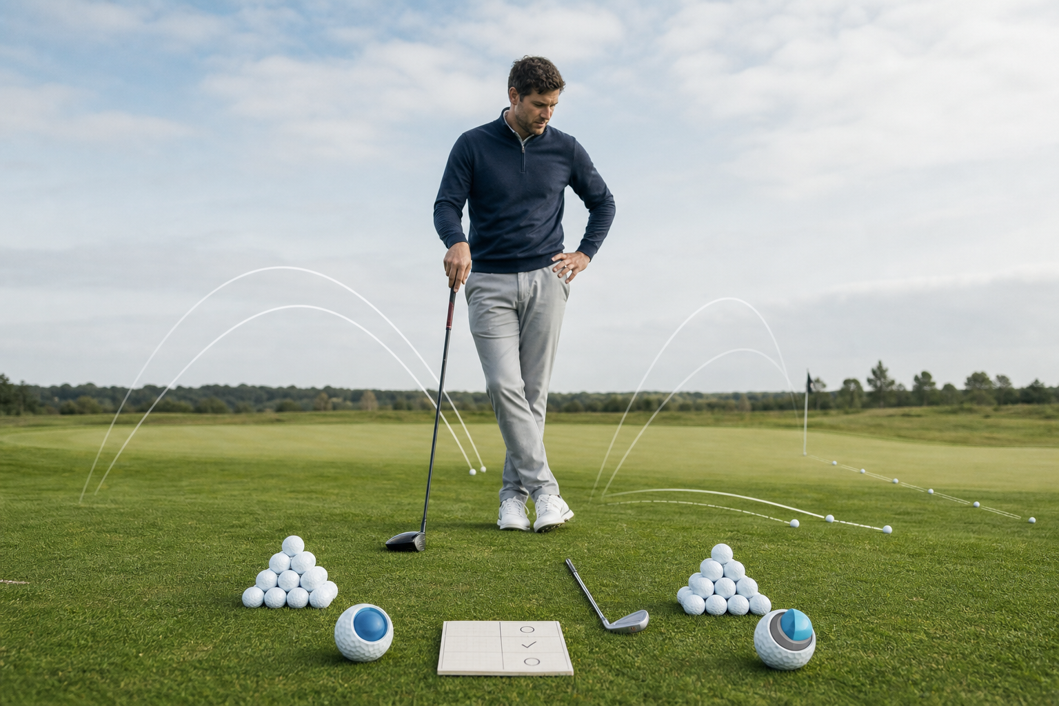 A golfer compares unbranded two-layer and three-layer ball cutaways beside a practice green.