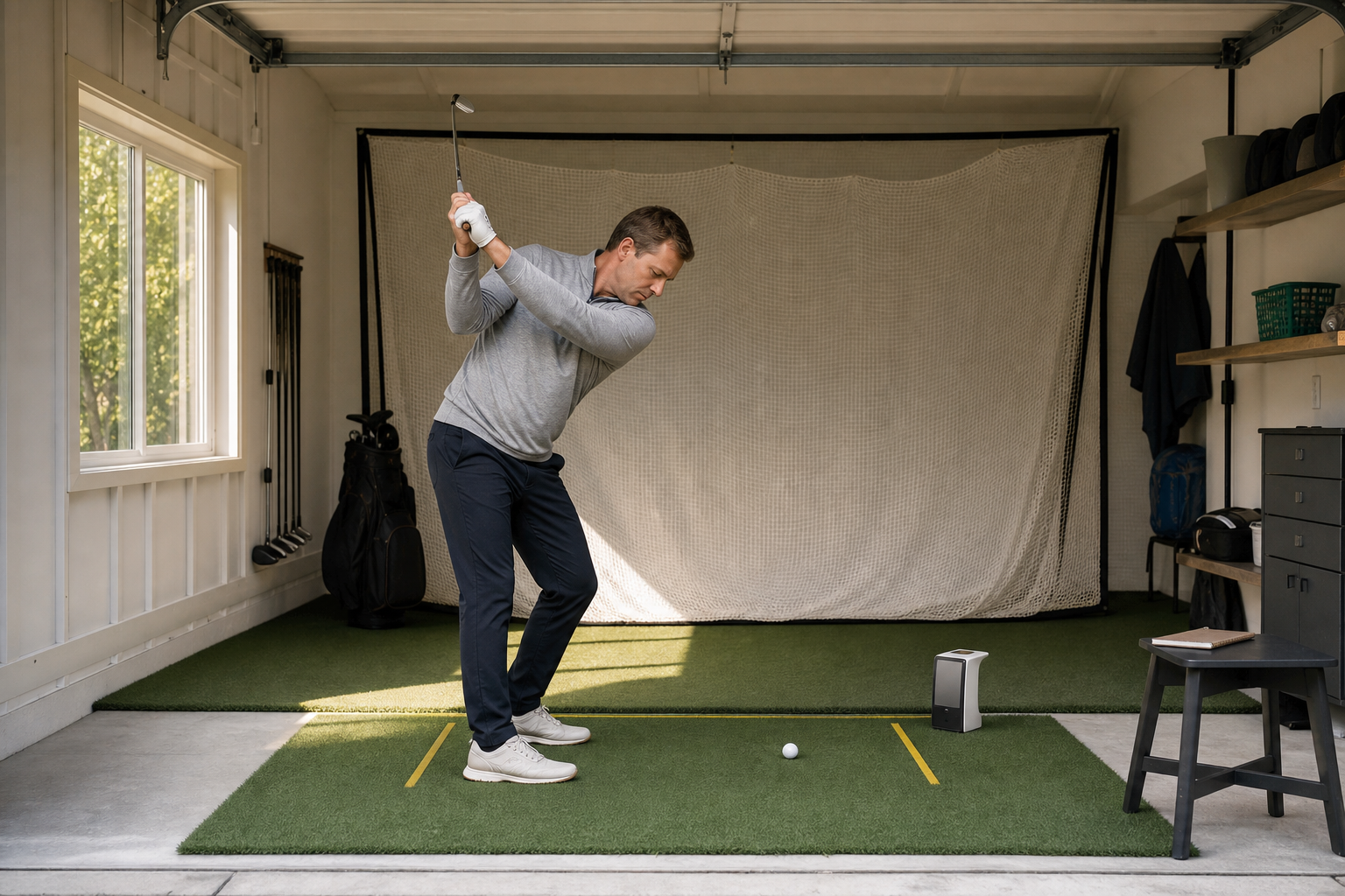 Golfer practicing in a home bay with an unbranded sensor, net, floor markers, and notebook.