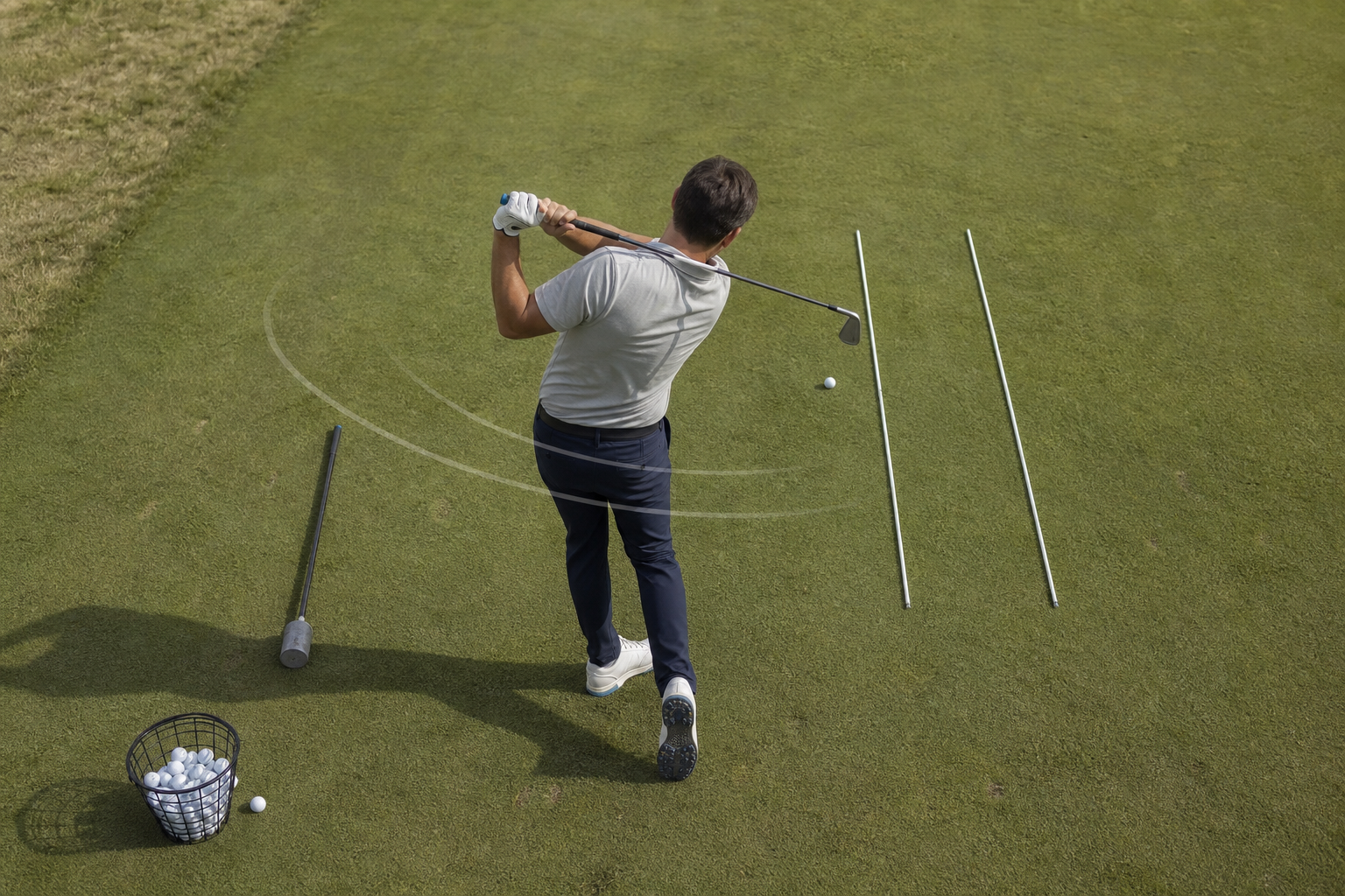 Illustration contrasting a target-line reference with a smooth swing-rehearsal cue on a practice tee.