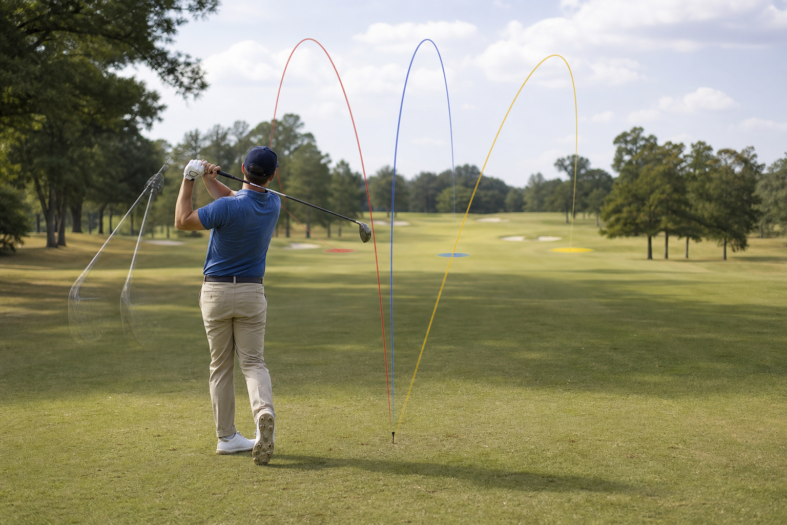 Illustration showing centered and off-center tee shots landing across a wide fairway to explain that forgiveness reduces the cost of a miss rather than guaranteeing a perfect shot.