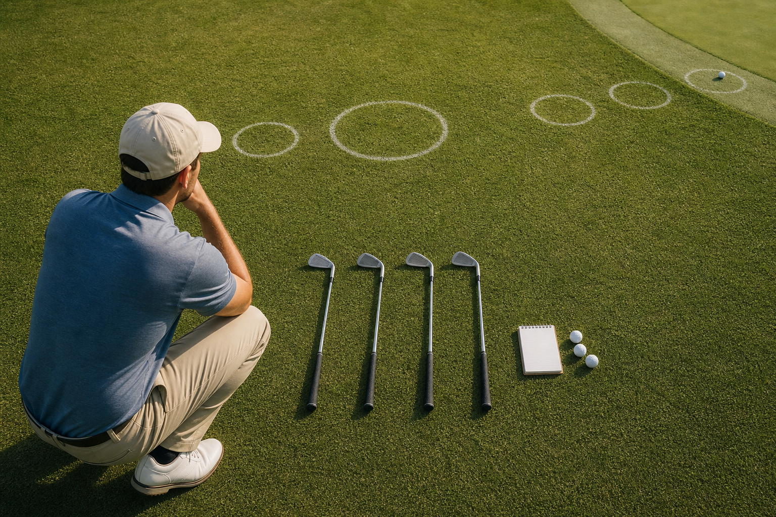 Unbranded wedges arranged beside progressively spaced landing targets with one large gap highlighted by empty space.