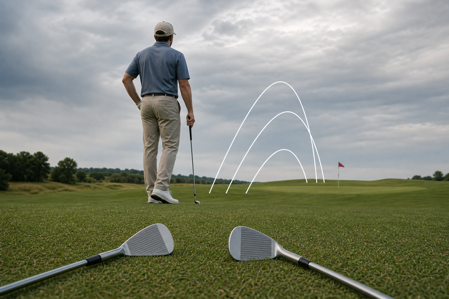 A golfer compares two unbranded irons while observing ball-flight spacing toward a practice green.