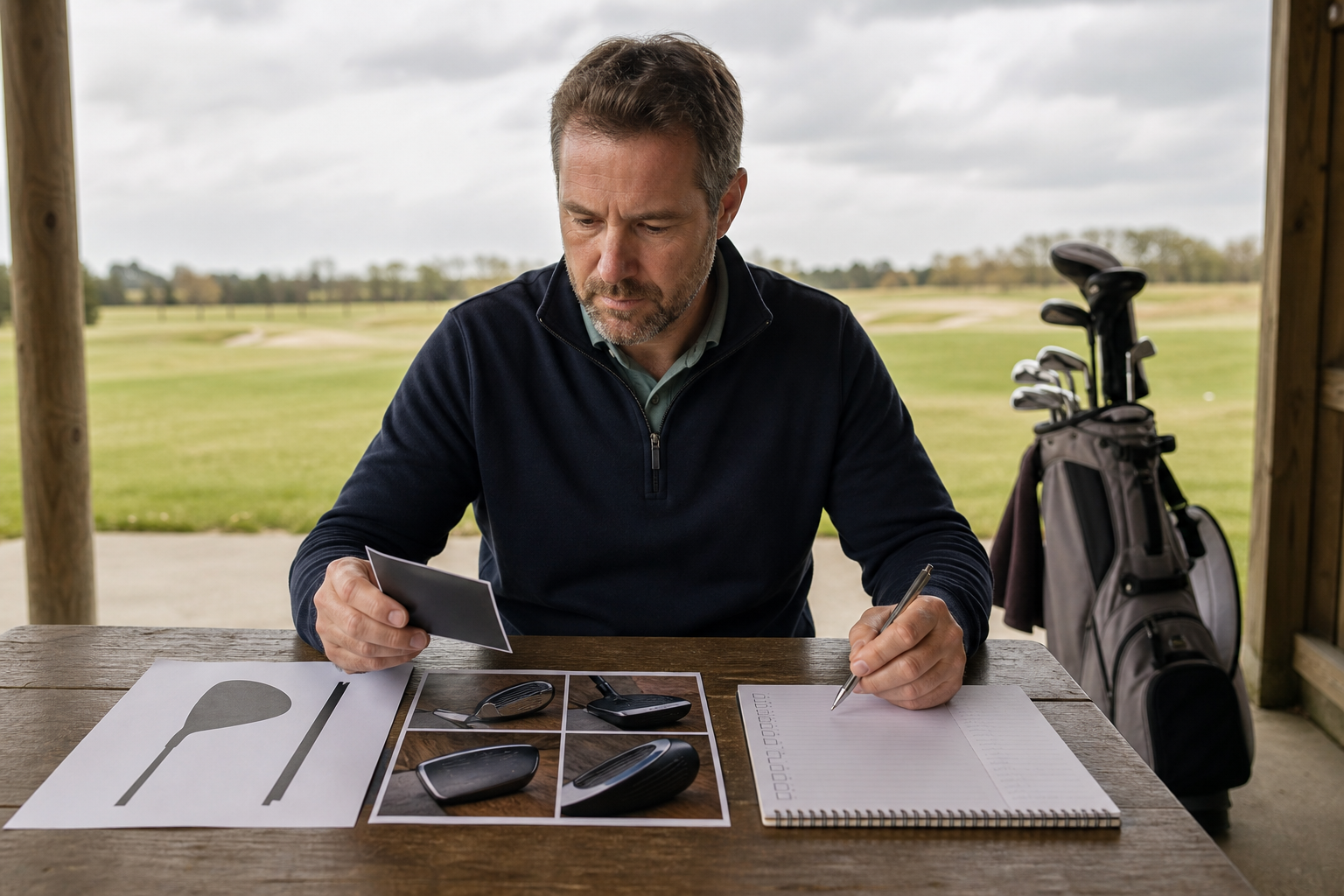 A golfer reviewing photos and a checklist before buying a used driver online.