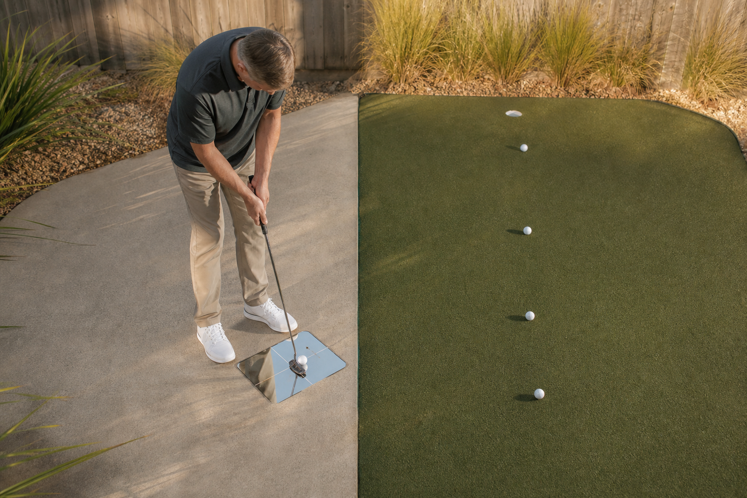 A golfer comparing setup feedback on a reflective putting aid with ball-roll feedback on a home putting surface.