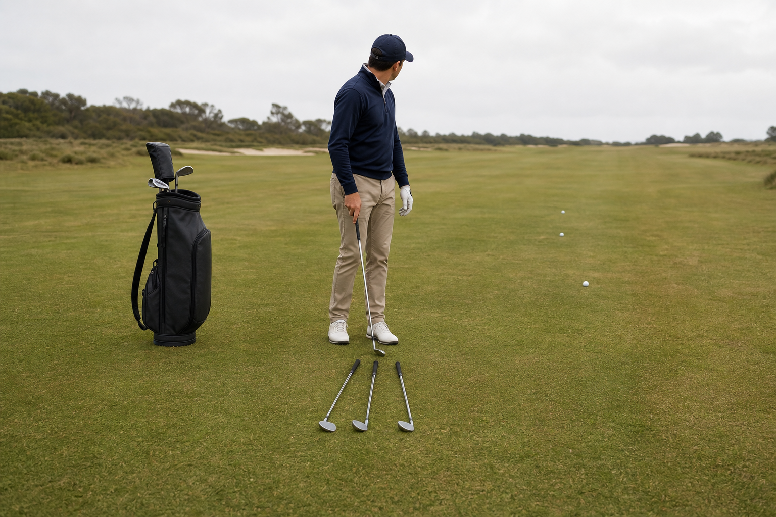 A golfer compares the landing distances of three unbranded wedges arranged from lower to higher loft.