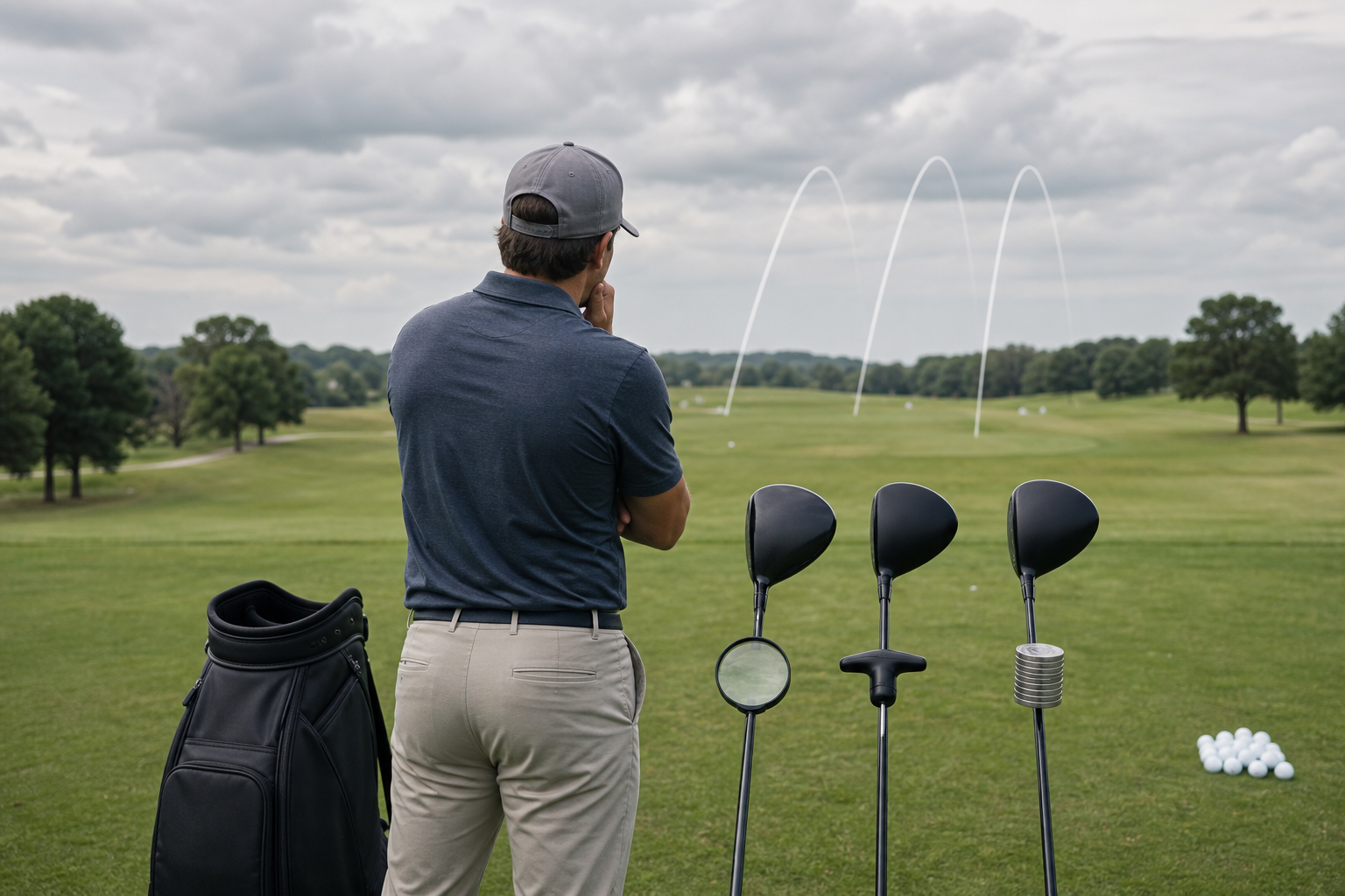 Golfer comparing unbranded driver options by condition, adjustability, and budget at a practice tee.