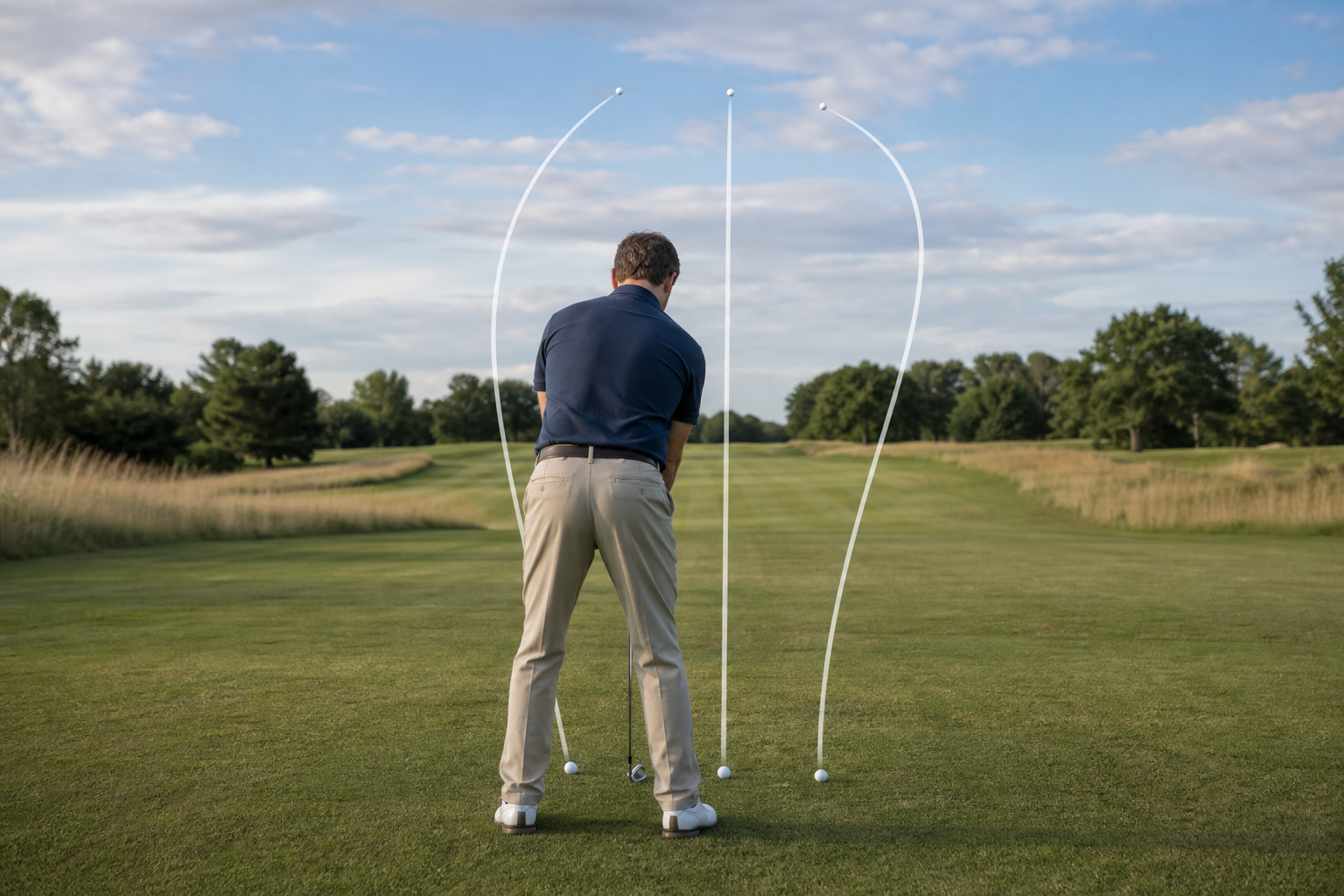 Educational illustration showing a right-handed golfer, three strike locations, and three different unlabelled ball-flight traces.